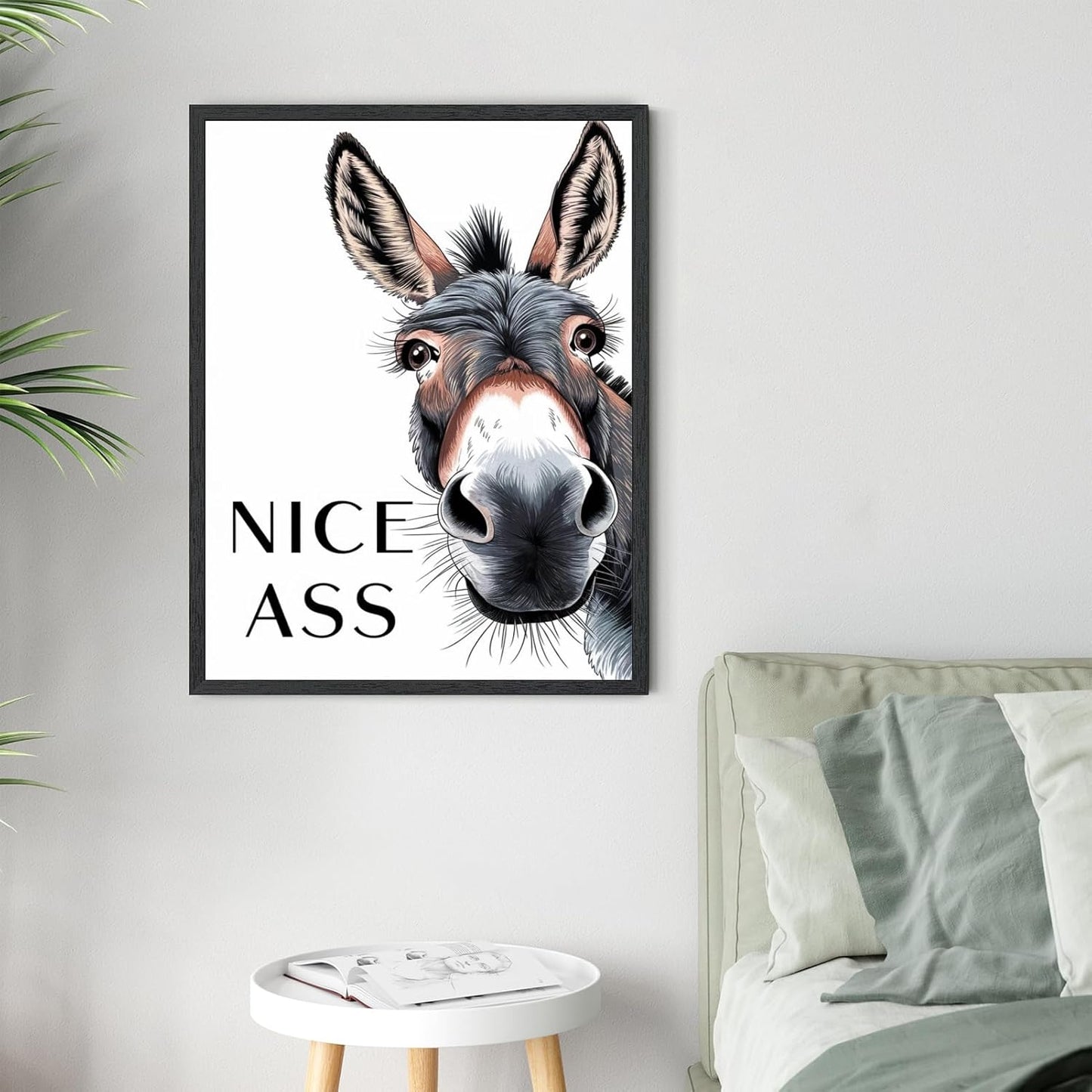 Framed Black and White Donkey Decor Bathroom Wall Art Nice Ass Funny Donkey in Bathroom Picture Poster Fun Animal Canvas Print Farmhouse Humor Wall Decor for Home Washroom Toilet 24X36inch
