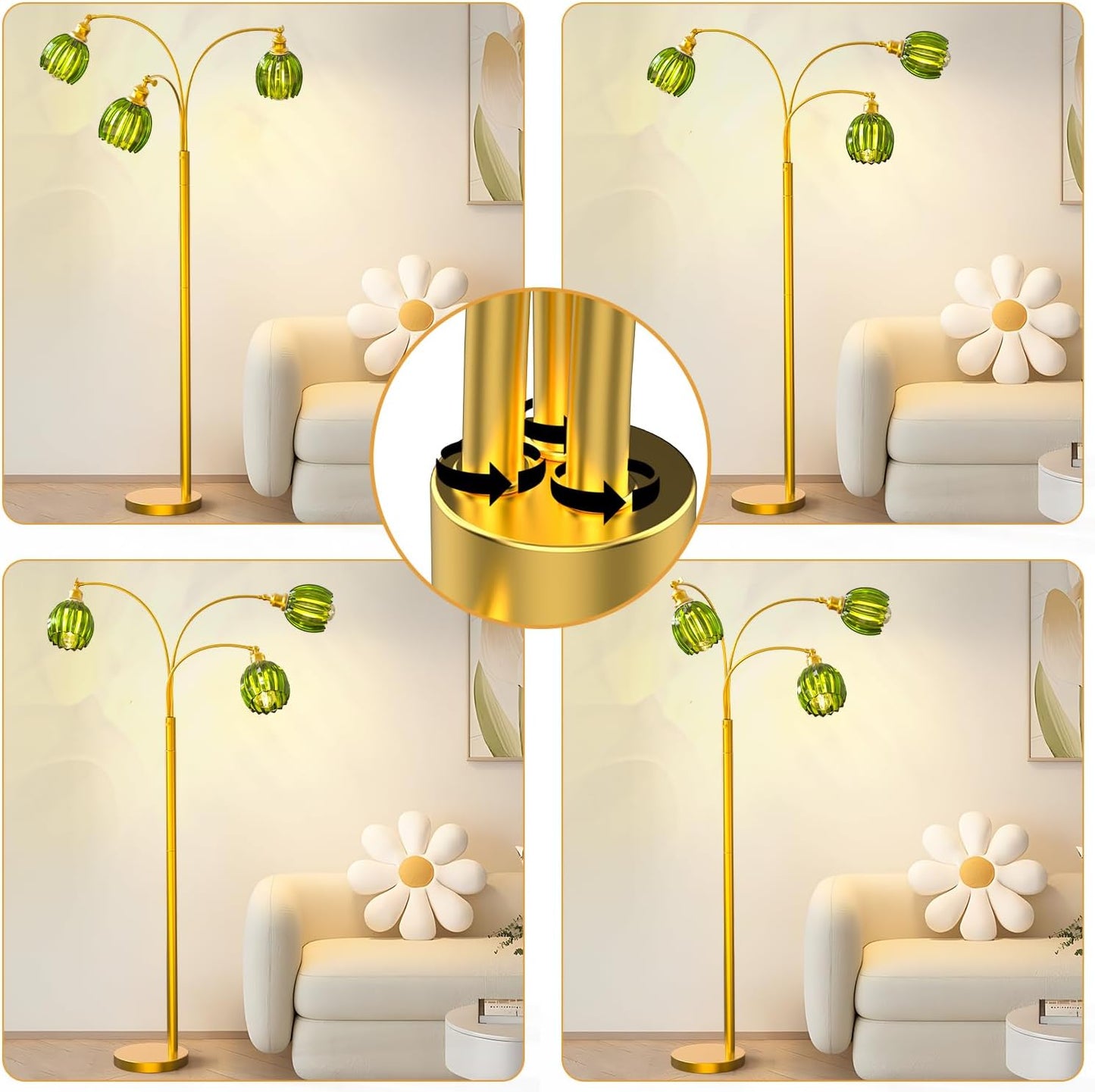 Arc Floor Lamps for Living Room, Gold Dimmable Floor Lamp with Green Flower Glass Shades and 3 Brightness Lights, Adjustable Arm, Modern Tree Tall Standing Lamp Corner Arched Light for Bedroom Decor