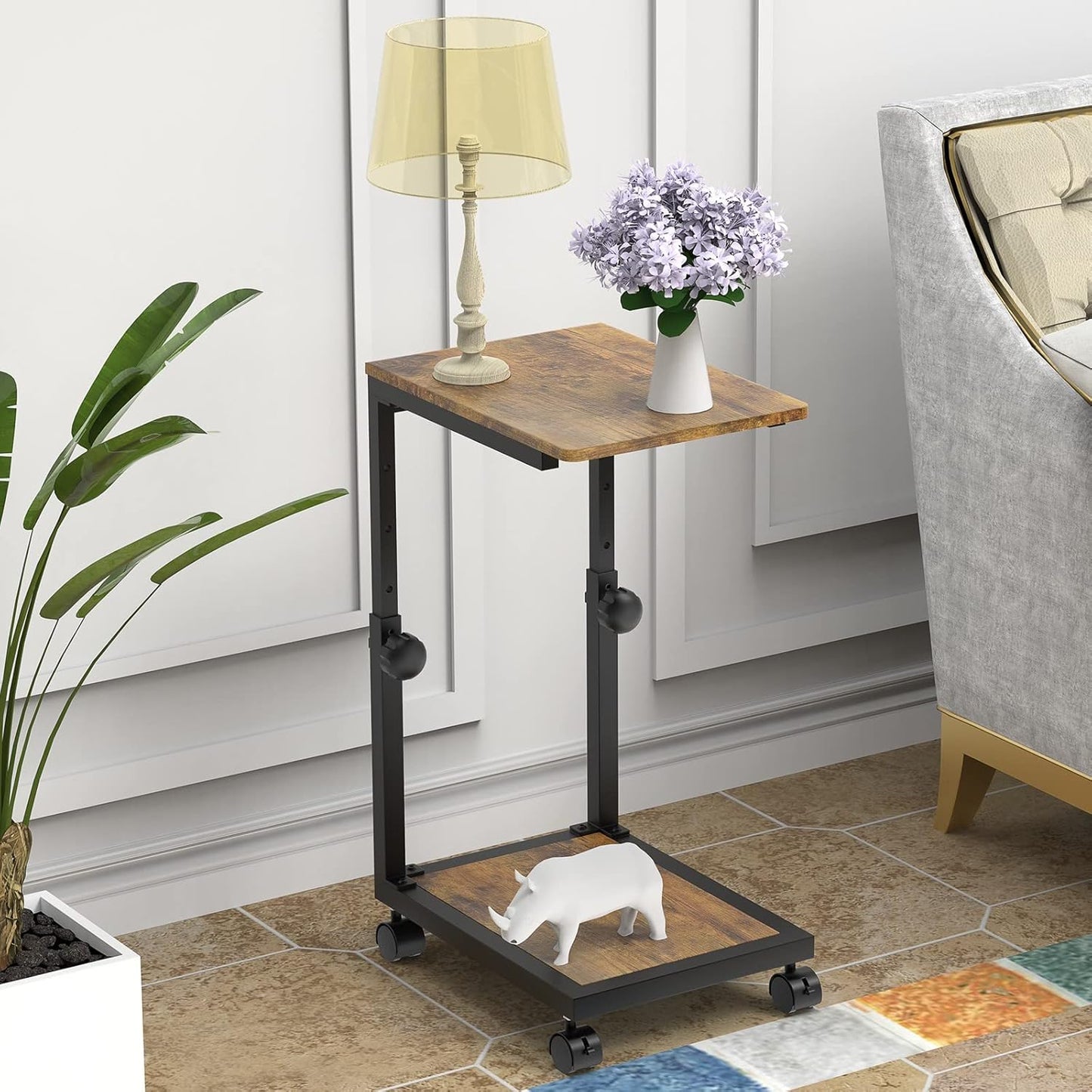 C Shaped End Table with Rolling Wheels, Height Adjustable Sofa Side Table for Small Space Bedroom, Industrial TV Tray Couch Table Cart for Living Room, Retro Brown & Black