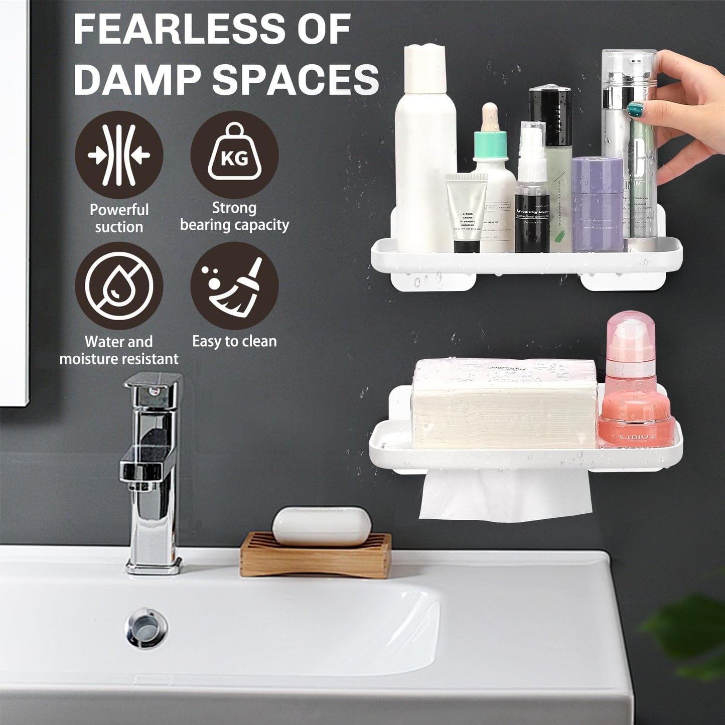 2 Pack Adhesive Floating Shelves No Drill Small Floating Shelf for Wall Storage Damage-Free Wall Mounted Organizer for Bathroom, Kitchen, Bedroom & Office (White)