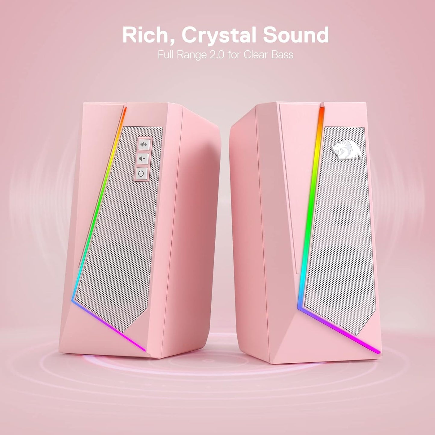 Redragon GS520 RGB Desktop Speakers, 2.0 Channel PC Computer Stereo Speaker with 6 Colorful LED Modes, Enhanced Sound and Easy-Access Volume Control, USB Powered w/ 3.5mm Cable, Pink