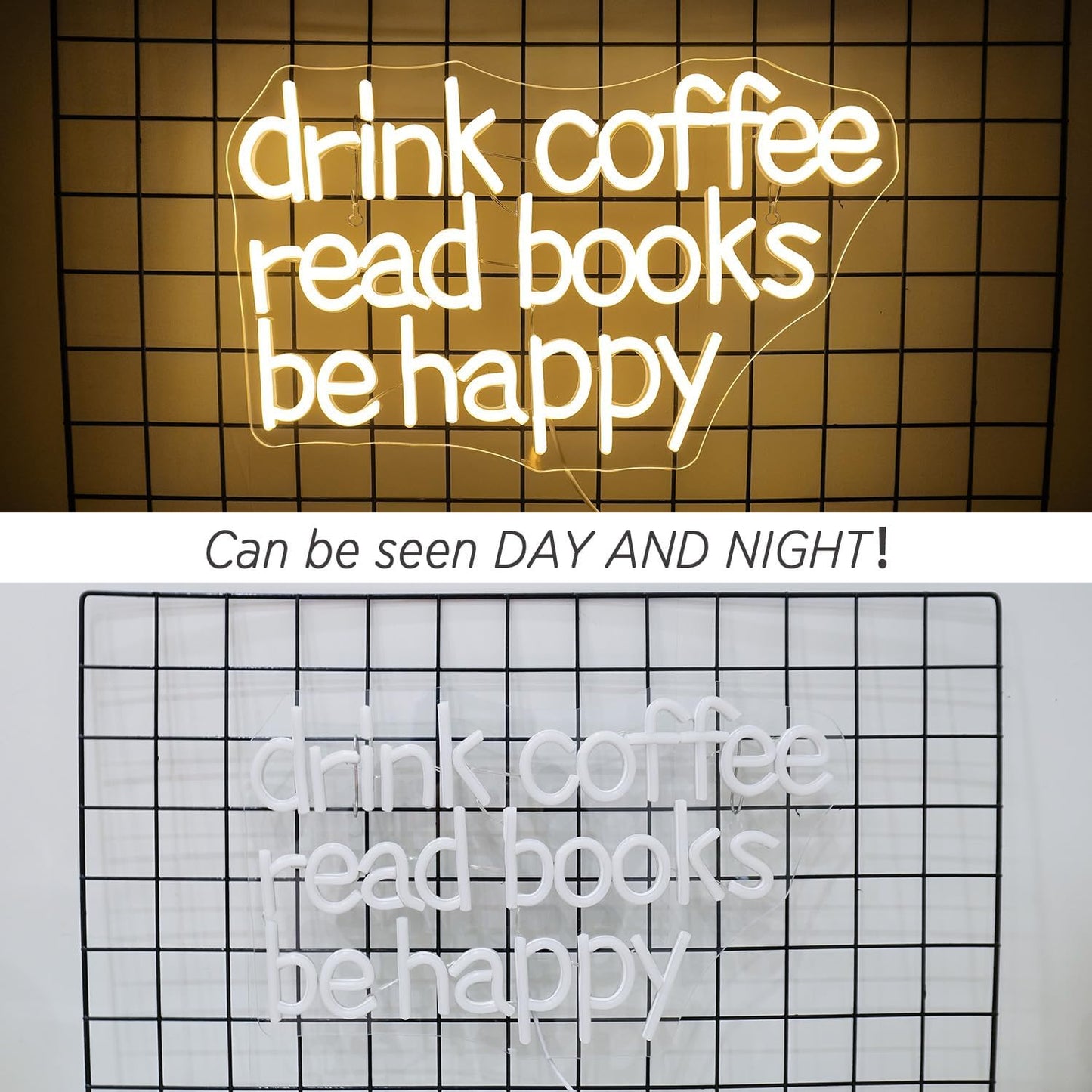 Looklight Drink Coffee Read Books Be Happy Neon Sign Warm White Read Books Led Neon Light for Wall Decor Dimmable USB Neon Light Up Signs for Classroom Coffee Shop Bookstore Library Museum Study Room