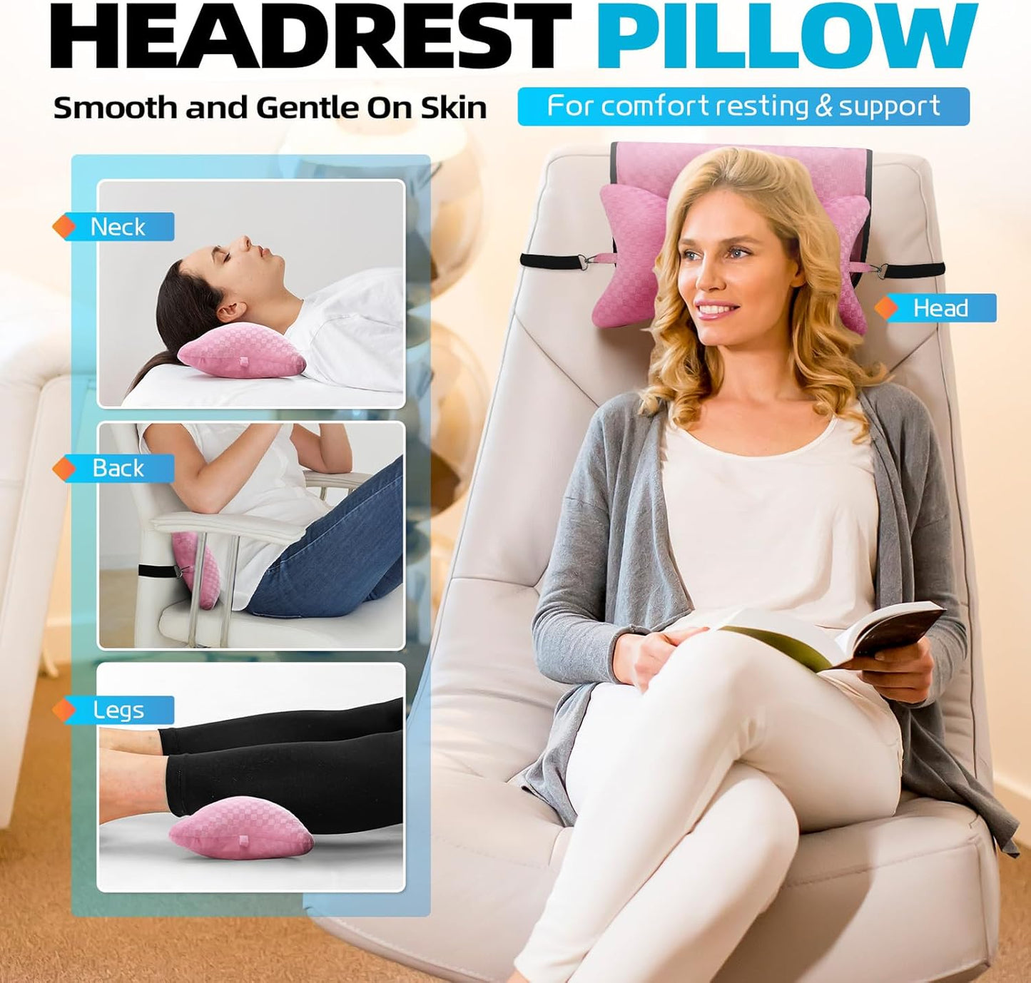 Recliner Head and Neck Support Pillow, Sofa Chair Headrest Cushion, Anti-Slip Design for Neck Pain Relief on Sofa, Car Seat, Travel (Pink-Checker)