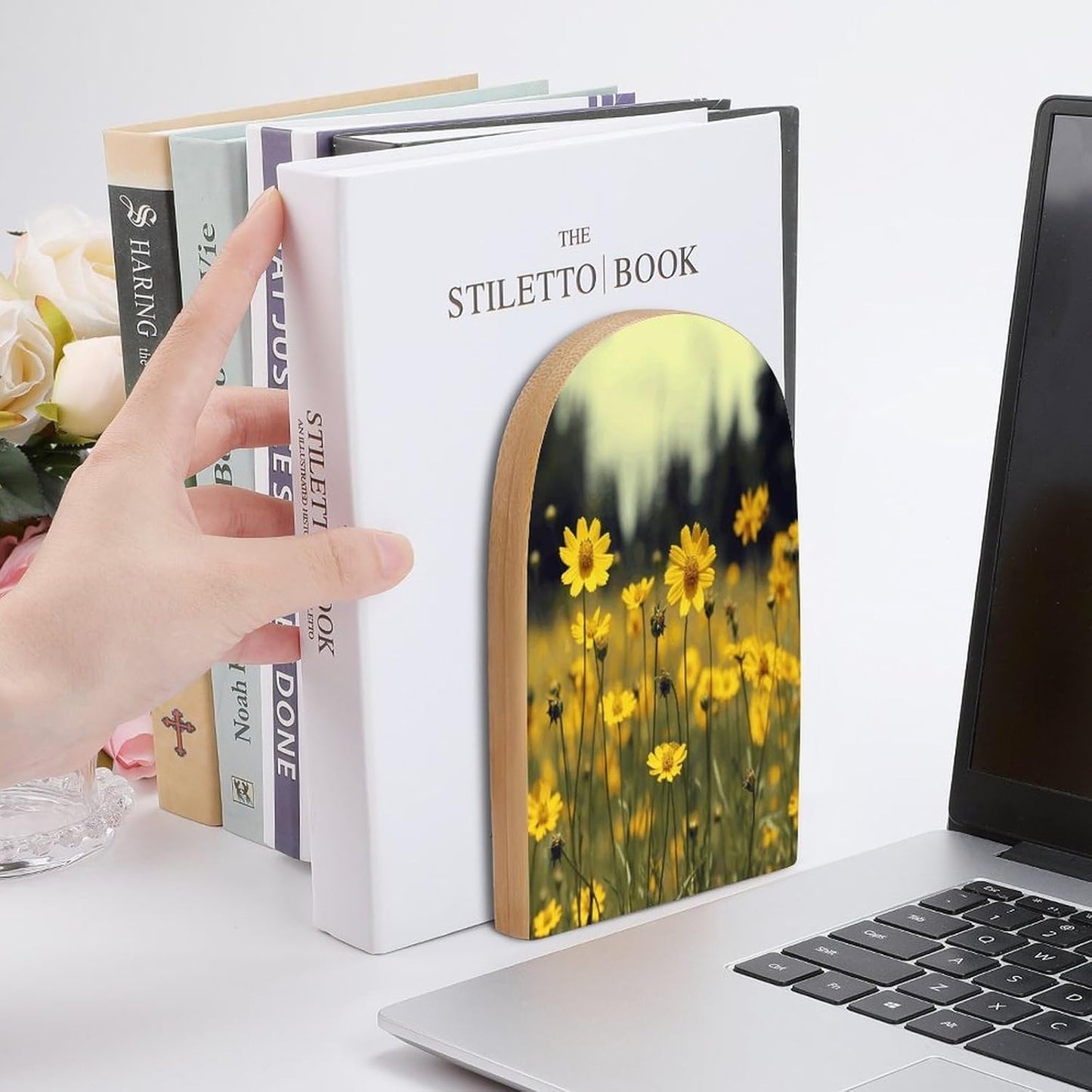 Summer Yellow Flowers Bookend for Shelves Wooden Book End Large Size Sturdy Book Holders Stoppers with Metal Base for Bookshelves Slick Decorative Bookends Stands