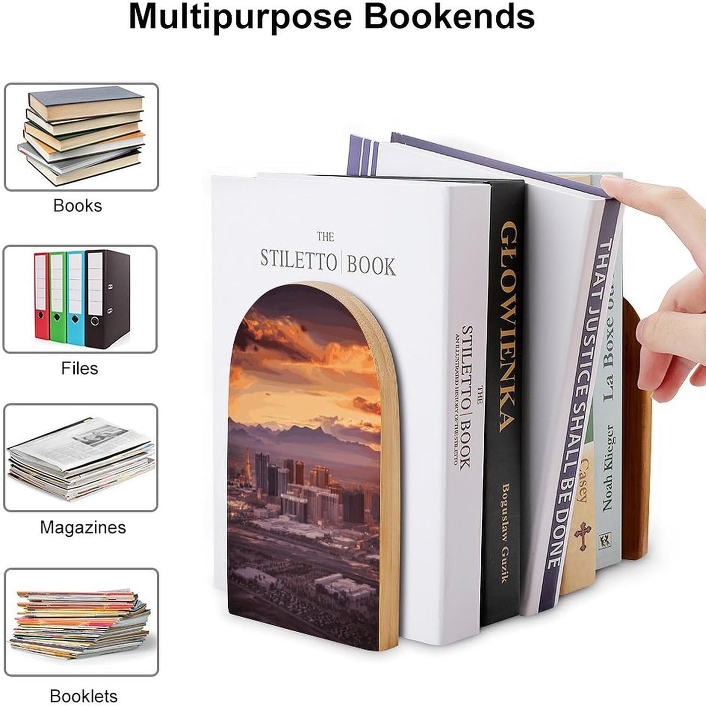 Las Vegas Sunset Bookend for Shelves Wooden Book End Large Size Sturdy Book Holders Stoppers with Metal Base for Bookshelves Slick Decorative Bookends Stands