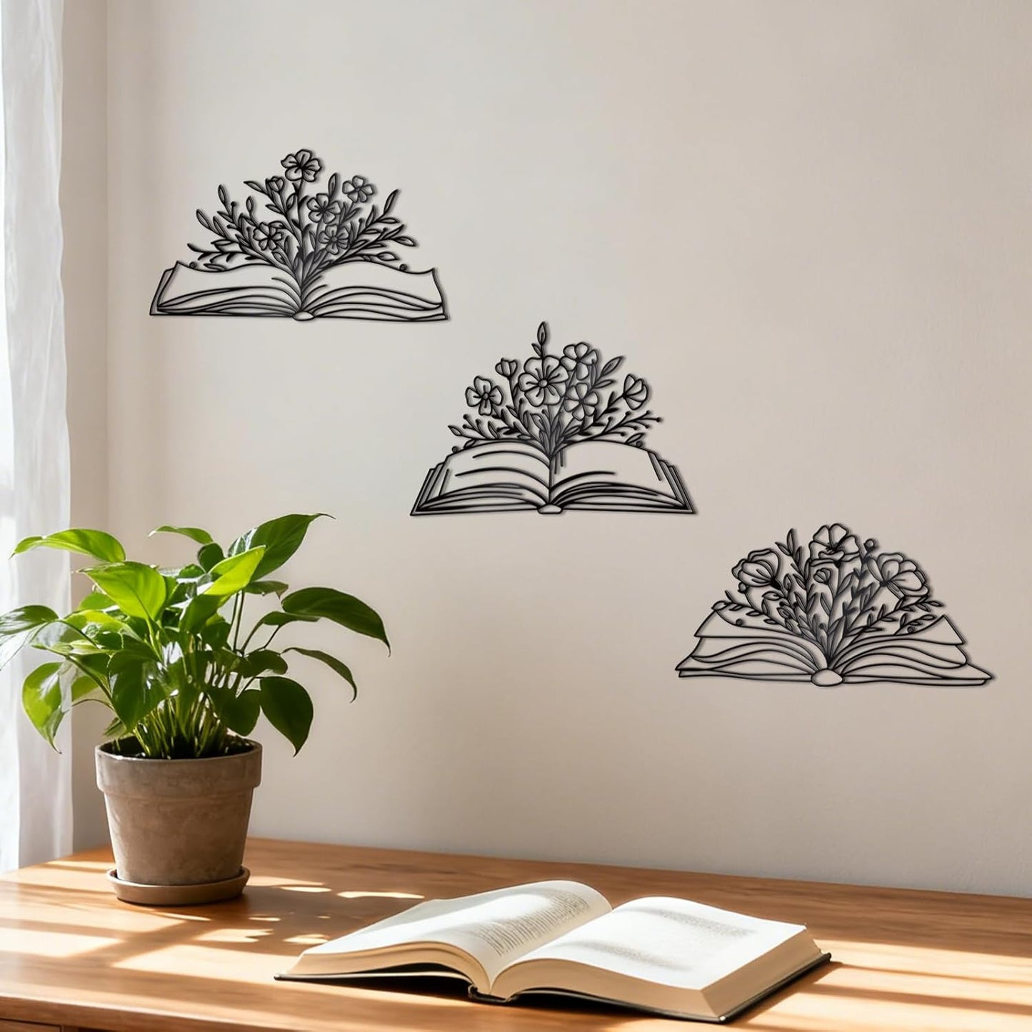 Zzbakress 3 Pcs Book Wall Decor Metal Flower Wall Art, Library Decor Hanging Sculpture, Reading Nook Silhouette Wall Hanging for Home Office Reading Room Teacher Gift (Elegant)