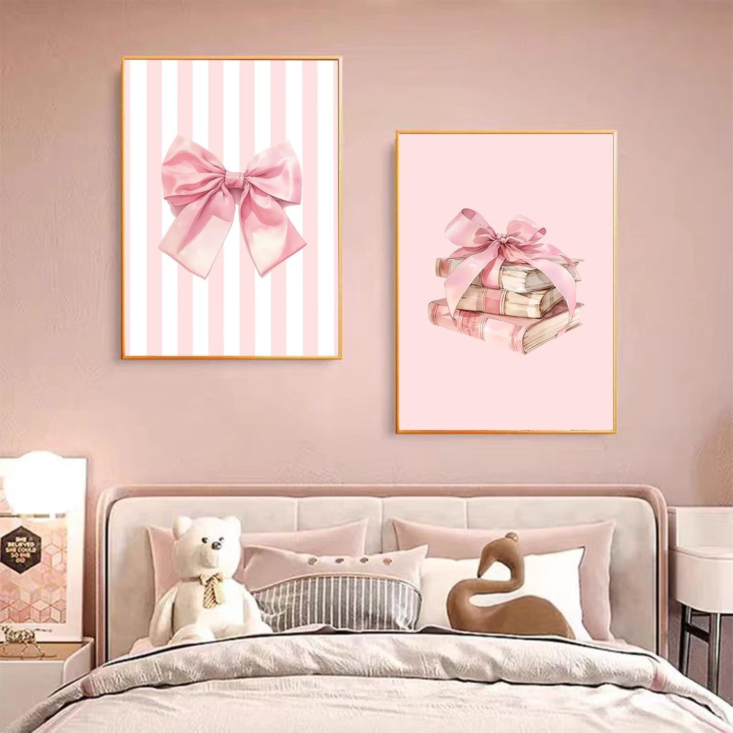 3Pcs Pink Bow Canvas Wall Art Coquette Preppy Reading Poster Print Pink Book Stripes Aesthetic Pictuer Painting for Girl's Room College Dorm Bedroom Living Room Library Wall Deocr （16×24in Unframed）