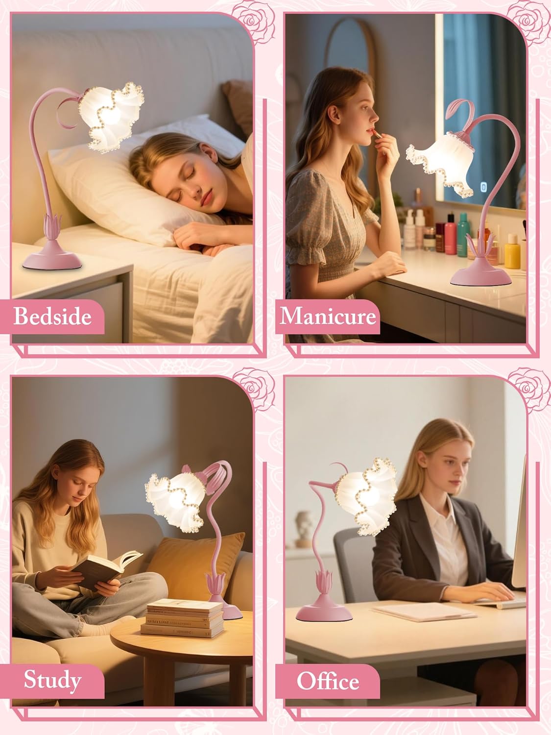 Flower Table Lamp,LED Reading Light Bedside Vintage Flower Night Light,3 Colors Modes Kawaii Bedside Lamps Decor,Living Room Bedroom Room Lighting Table Lamps Home Decoration (Pink Pearls)
