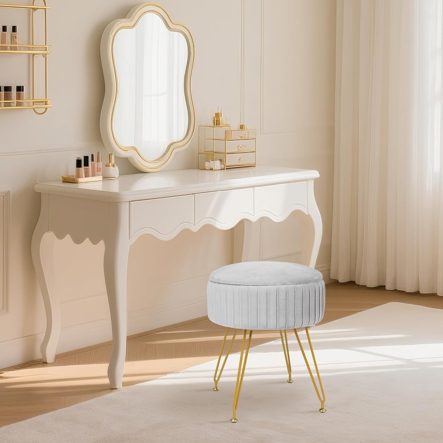 Round Vanity Stool with Storage Ottoman,Vanity Chair for Makeup Room with Removable Cover, Small Footrest Ottoman for Home, Living Room, Bedroom (Grey)