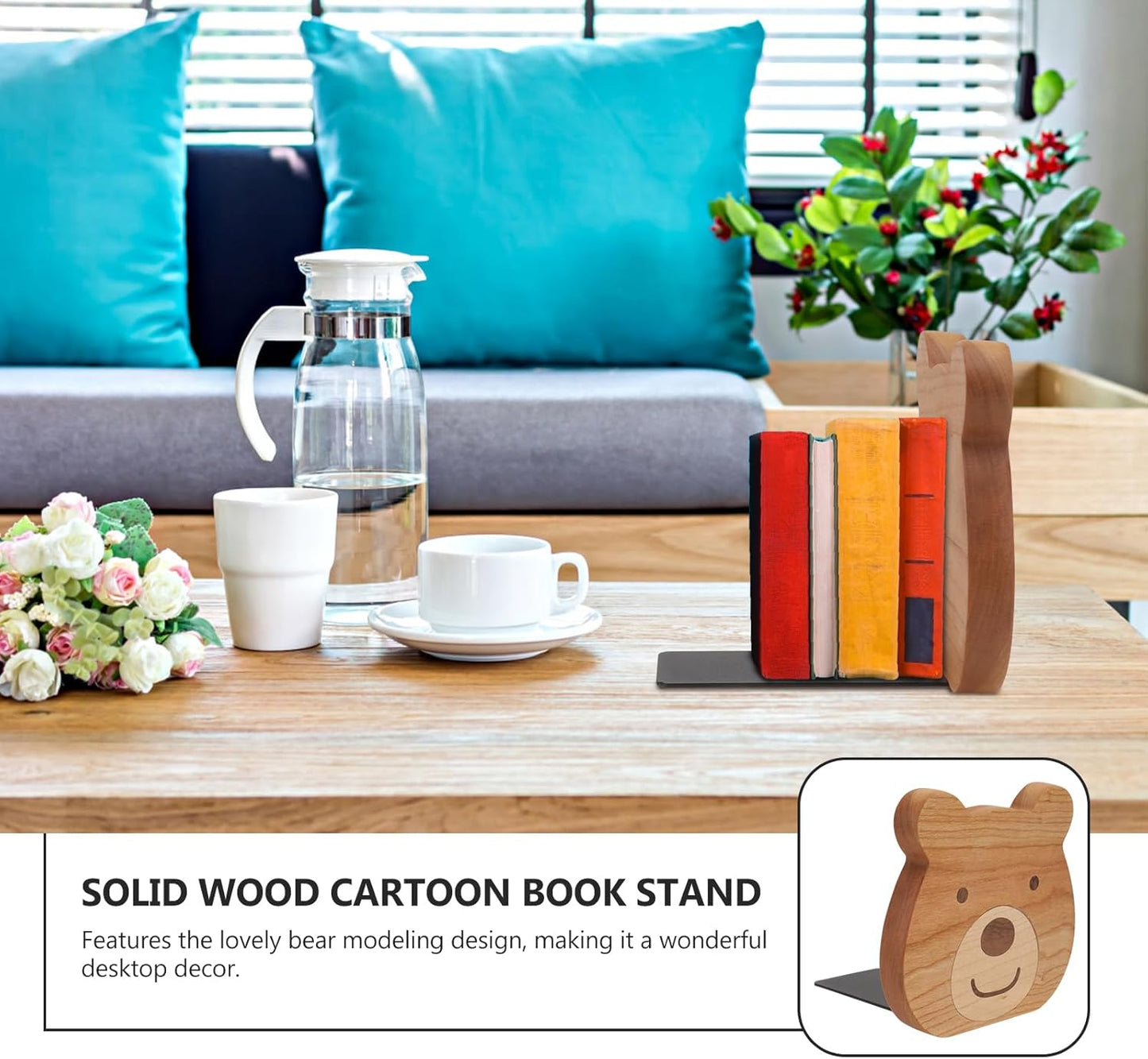Cabilock 2 Pieces Book Stoppers: Wooden Bear Bookends for Shelves - Metal Base Non-Skid Book Ends for Bookshelf Decoration Home Office School Supplies