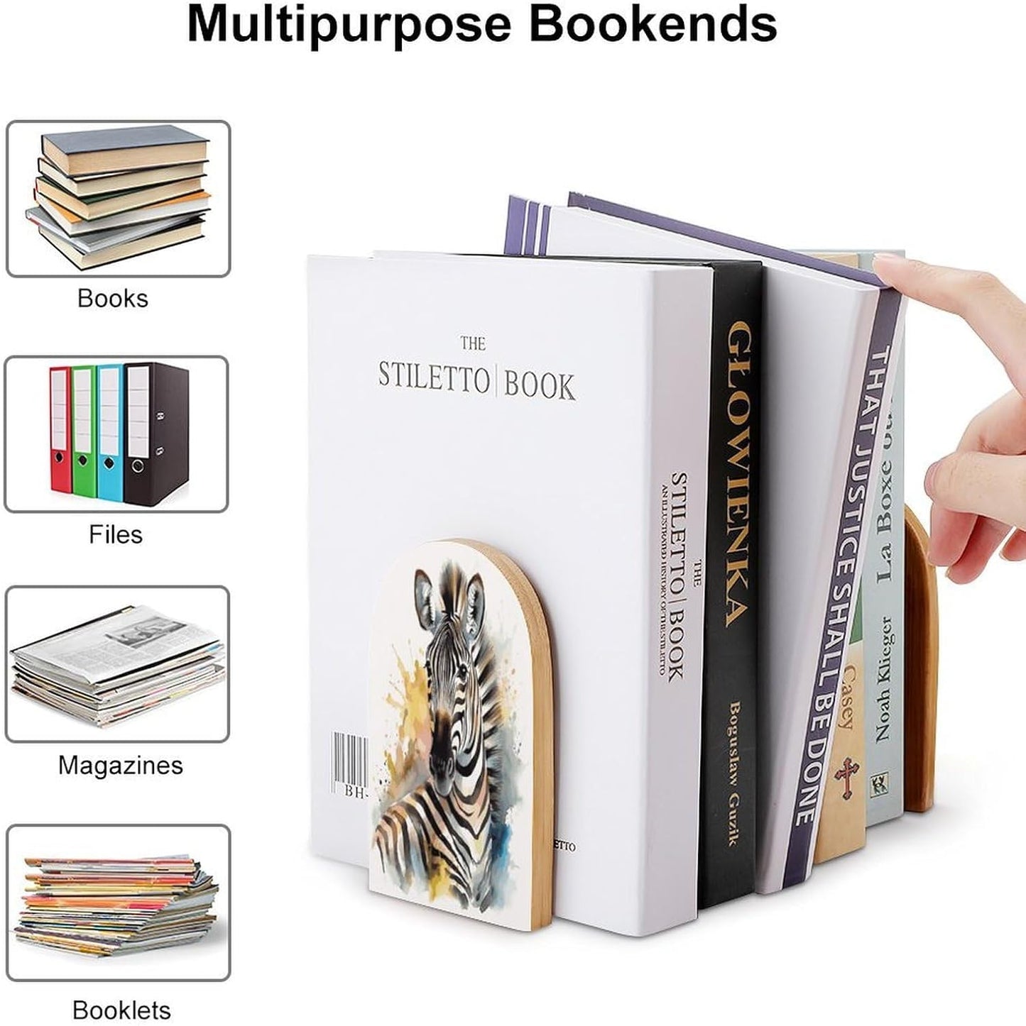 Cute Zebra Watercolor Bookends 1 Pair Heavy Duty Book Ends for Shelves Non-Skid Bookend Supports Wooden Book Holders with Metal Base Desk Organizers Books Storage to Hold Books