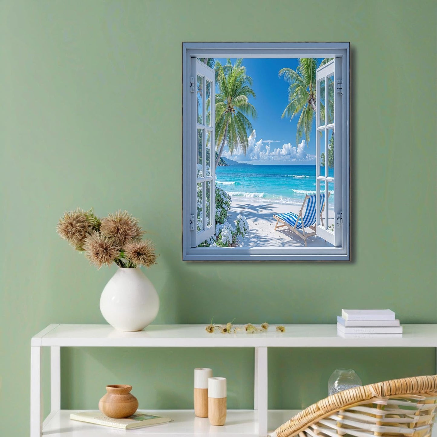 GDJSMIN Realistic White Window Wall Art, Beach View With Palm Trees Poster for Reading Room Living Room Decor 12x 16 inch Unframed