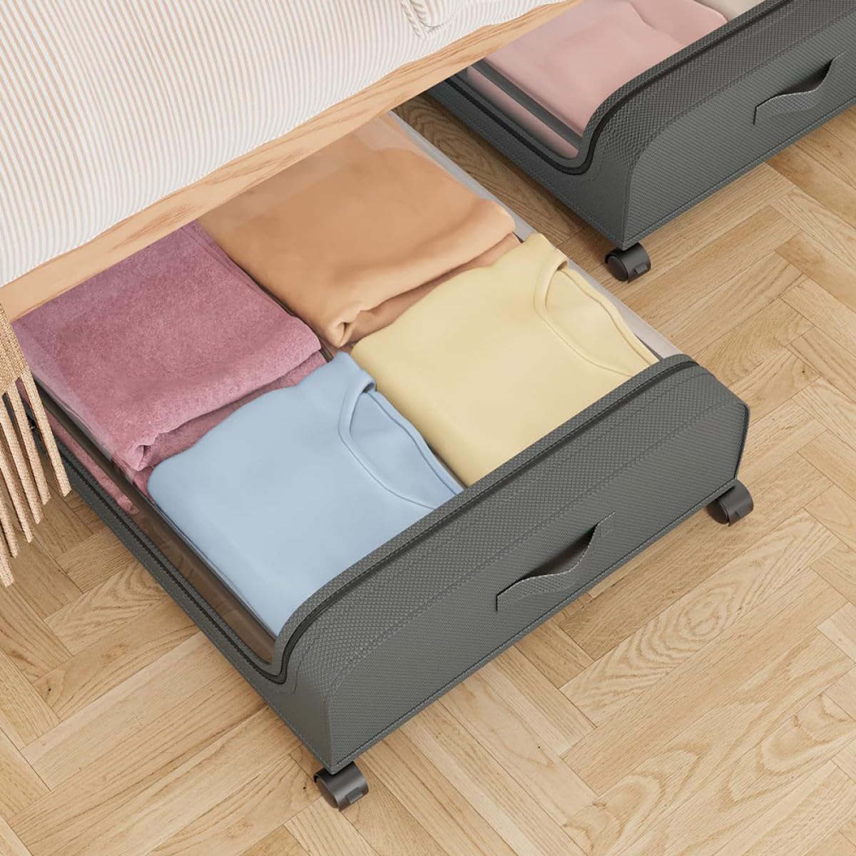 PRETYZOOM Bed Storage Cart with Wheels and Lid Gray Plastic Underbed Storage Box for Clothes and Bedding Organizer