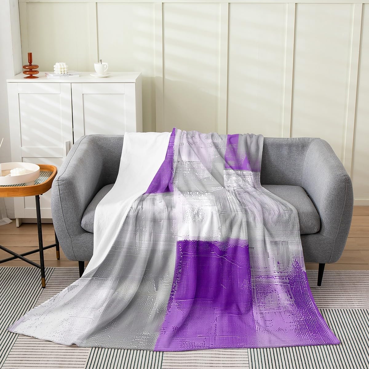 Erosebridal Ombre Geometric Fleece Blanket Queen 90x90,Dark Purple Grey Checkered Grid Blanket,Western Abstract Throw Blanket,Art Aesthetics Bed Blanket for Sofa Bed Couch,Luxury Soft