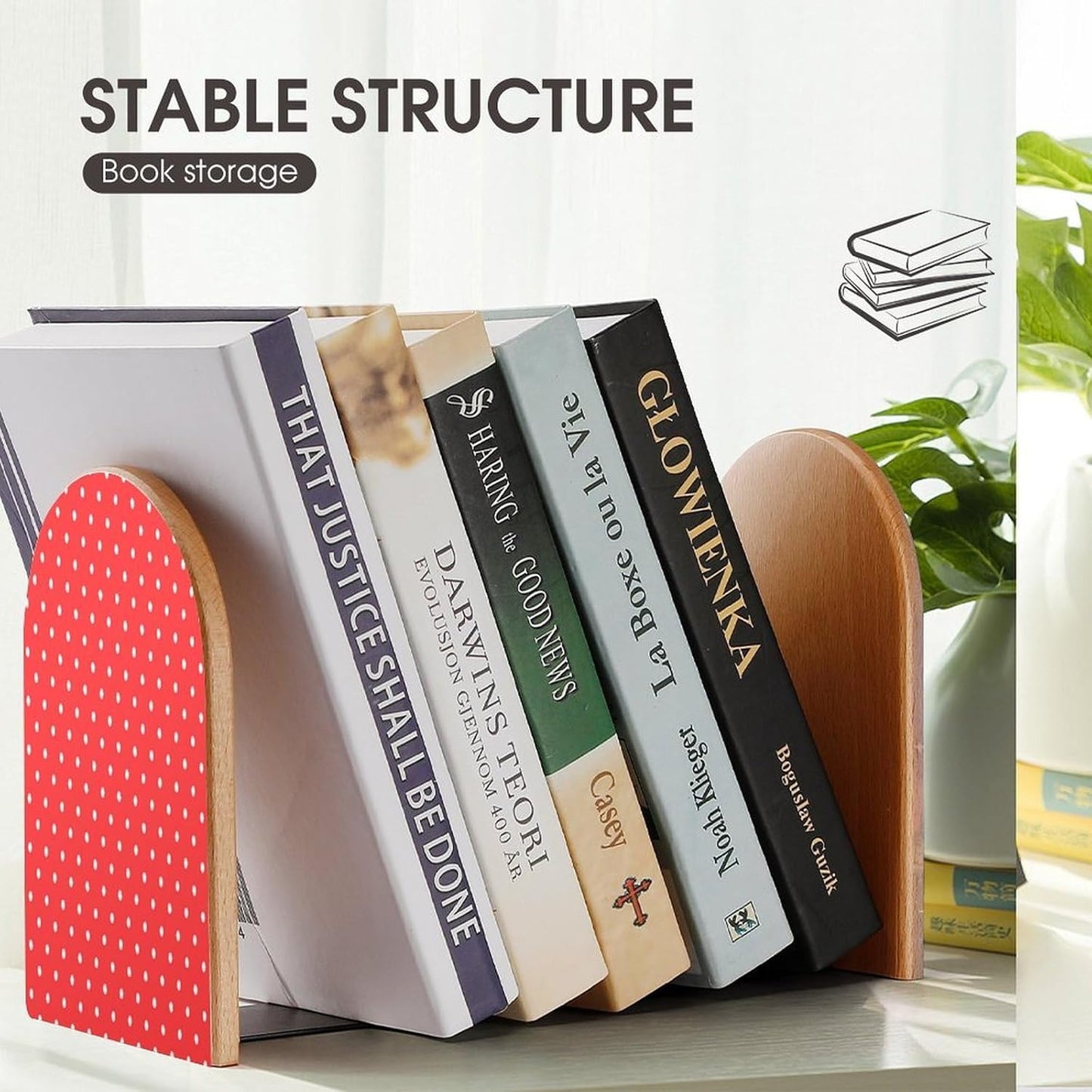 Red and White Polka Dots Wooden Bookend Non-Slip Book Ends Heavy Duty Book Stopper with Metal Base Books Holderd Decorative Bookends Stands Firmly for Office Supplies