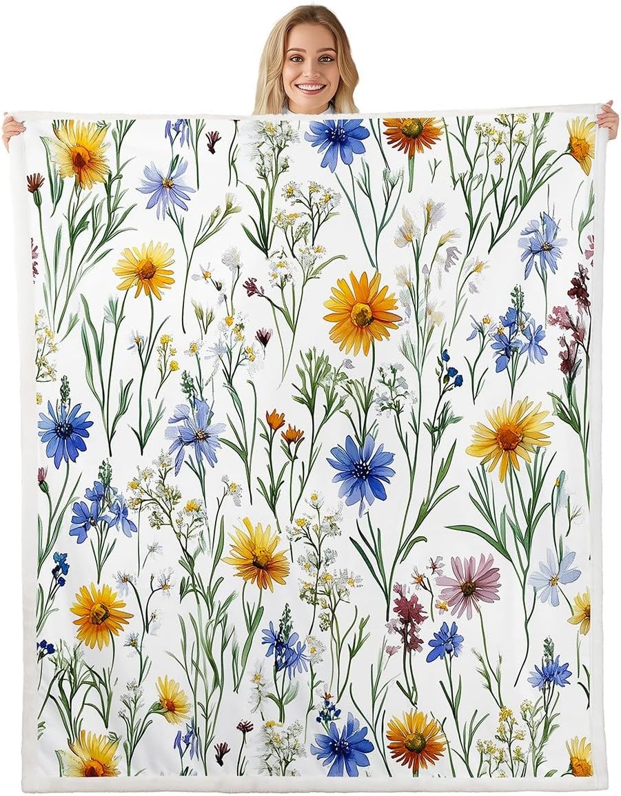Watercolor Chamomile Plush Couch Blanket - Clover Fleece Throw - Decorative Botanical Floral Sherpa - Blossom Wild Flowers - Fuzzy Colorful Queen 90x90 Inch