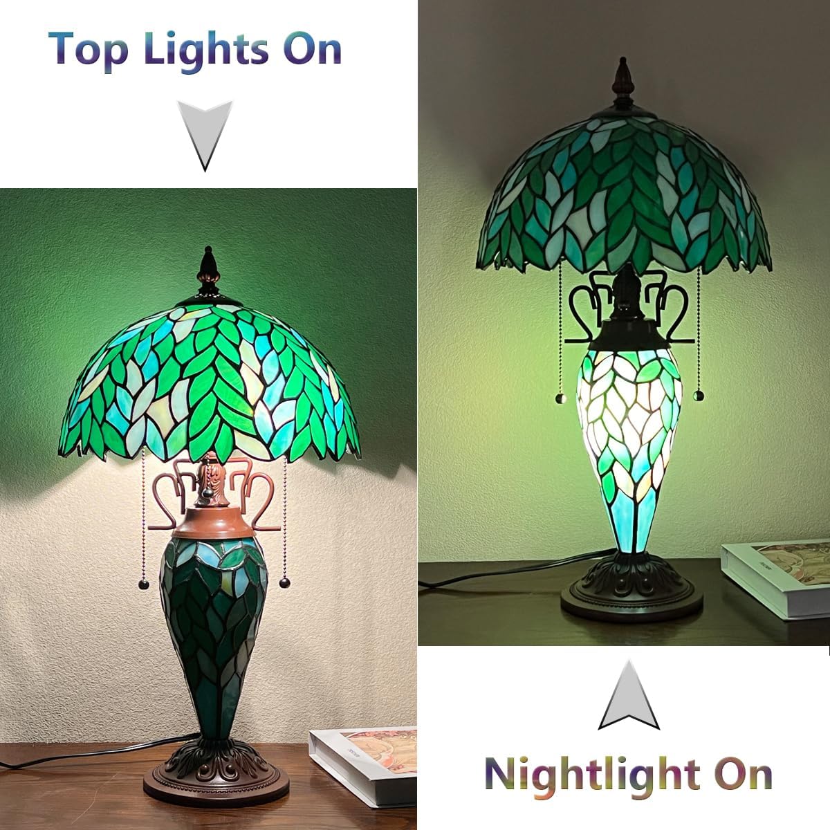 Tiffany Table lamp with nightlight, Green Wisteria Stained Glass Desk Light - Antique 3-Lights Medium Nightstand Bedside Reading Light for Living Room Bedroom Office