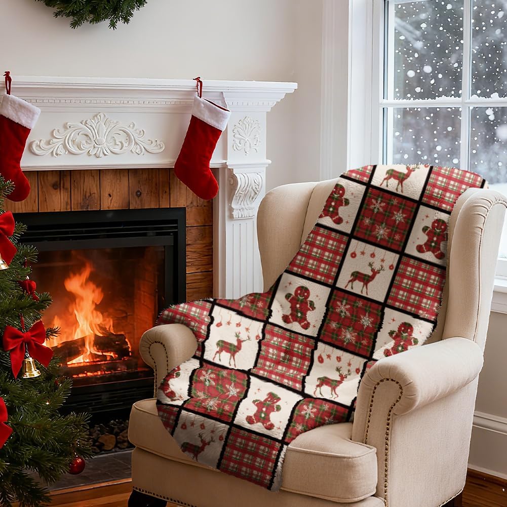 WADORN Christmas Gingerbread Man Elk Throw Blanket, 500GSM，Christmas Red Black Buffalo Plaid Cozy Throw Blanket Soft Flannel Fleece Blanket for Home Bedroom Sofa Couch Chair Xmas Winter, 51x59 Inch