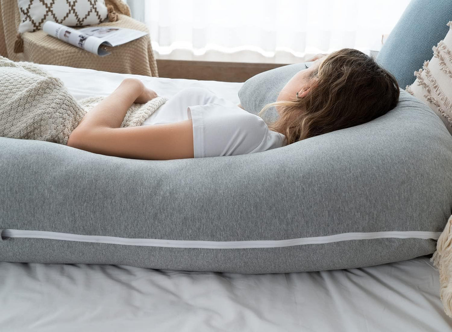 AngQi Body Pregnancy Pillow with Jersey Cover, L Shaped Full Body Pillow for Pregnant Women and Side Sleeping, Gray