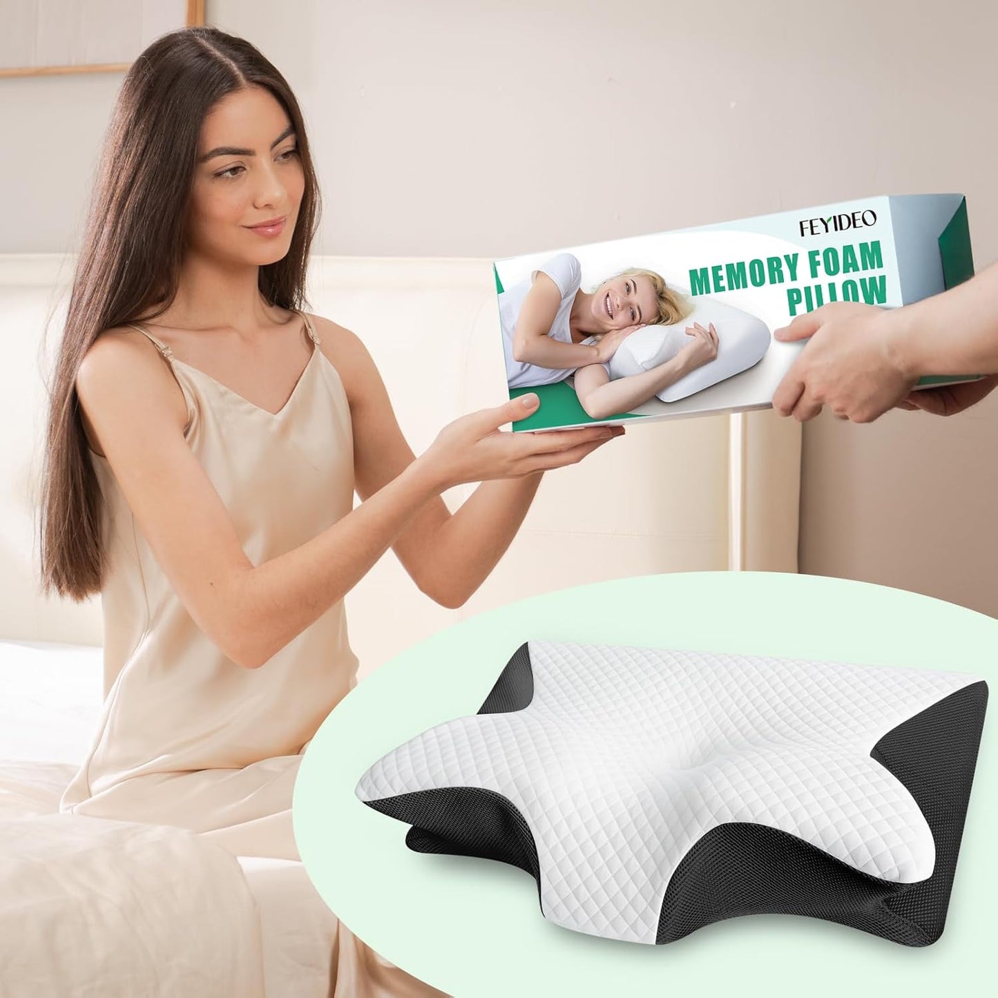 Memory Foam Cervical Pillow, 2-in-1 Ergonomic Neck Support Pillow with Armrest & Ear Hole, Contour Orthopedic Bed Pillow for Pain Relief, Adjustable Height for Side, Back & Stomach Sleepers