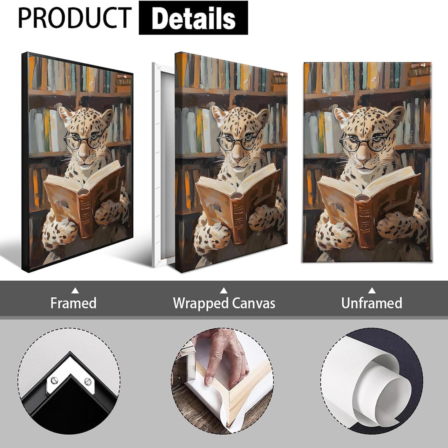 Trendy Leopard Reading Book Canvas Posters Funky Panther Library Wall Art Funny Animal Cheetah Aesthetic Prints Painting For Living Room Office Wall Decor 12x16in Unframed
