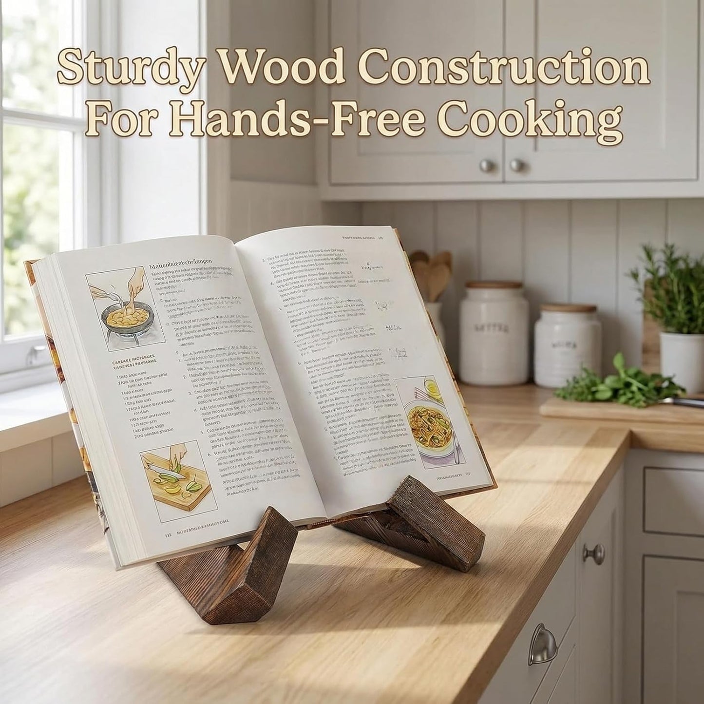 Wooden Cookbook Stand, Adjustable Recipe Book Holder with Cross-Frame Design, Multipurpose Display Easel for Kitchen Counter and Desktop Reading (Rustic Brown)
