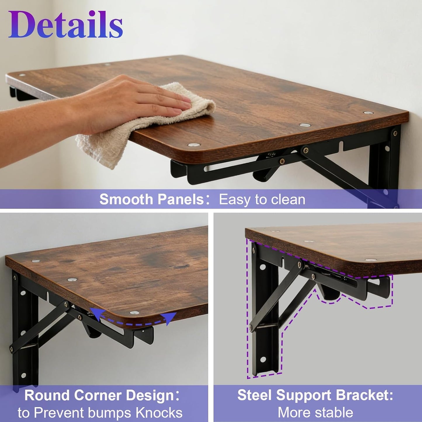 Wooden Folding Shelf Wall Mounted for Small Space, Wall Table for Living Room Bedroom Decor, Home Office Floating Fold Down Desk, Media Shelves with Heavy-Duty Brackets Holds Up to 30lbs, 16.5"*11.8"