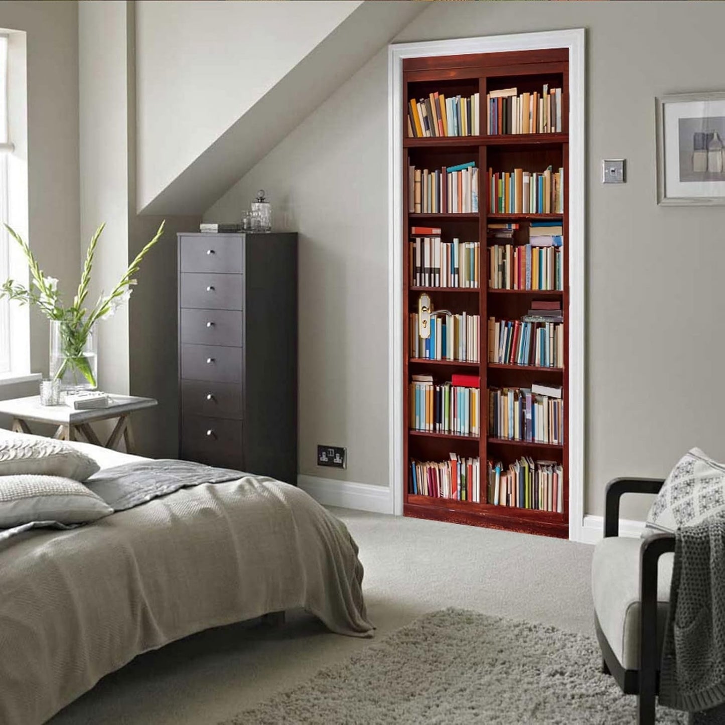 3D Door Stickers for Interior Doors Bookshelf Background Vinyl Removable Self Adhesive Door Poster Wallpaper Mural Decals for Bedroom Office Bathroom 90x200cm
