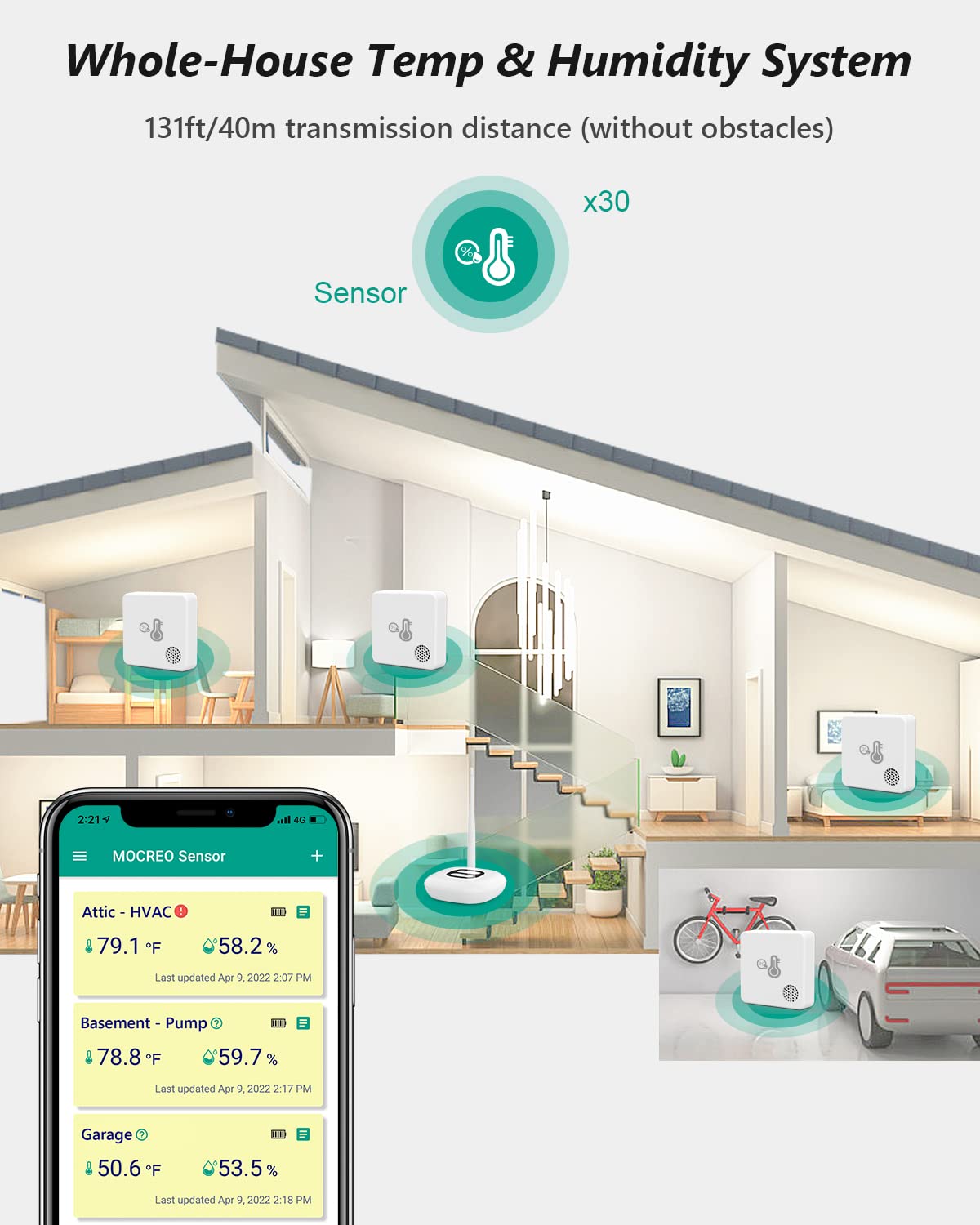 MOCREO ST6 Wireless Thermometer Hygrometer, Hub Required(Not Included), Email Alert, App Notification, Data Logging Export, No Subscription, for RV, Greenhouse, Vacation Home