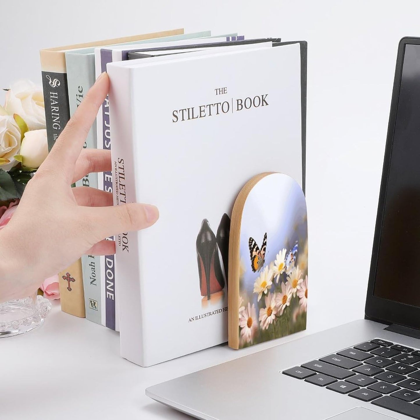 Butterfly Daisy Bookends 1 Pair Heavy Duty Book Ends for Shelves Non-Skid Bookend Supports Wooden Book Holders with Metal Base Desk Organizers Books Storage to Hold Books