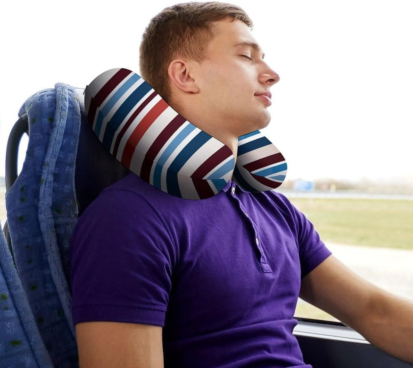 Red Blue White Gray Stripes Neck Pillow Memory Foam U Shaped Pillows Portable Pillows for Shoulder Travel Head Support Pillow with Concealed Zipper for Airplane Car Home Office