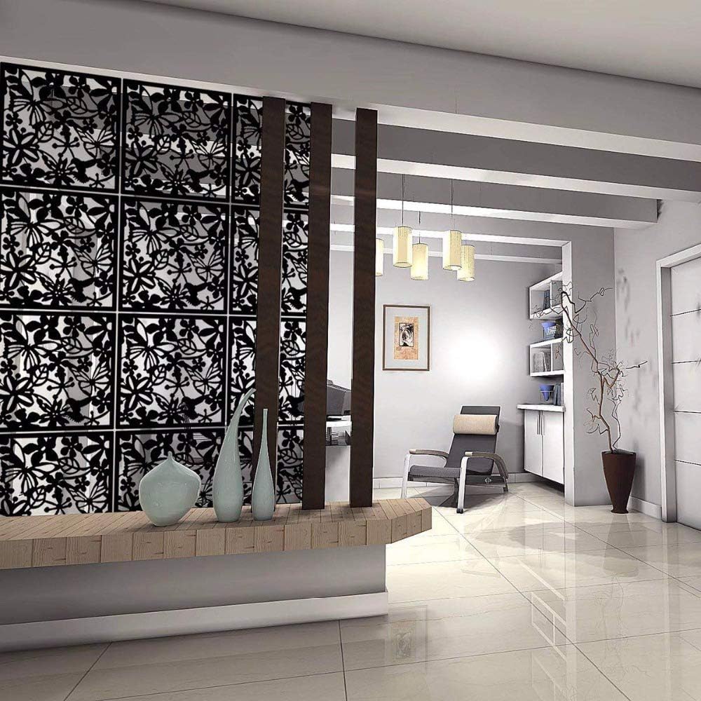 ANMINY 24 PCS Hanging Room Divider Flower Carving Pattern Panels Decorative Wall Screen Panel Hollow Out Design for Living Dining Room Kitchen Bedroom Office Bar Restaurant Home Hotel Decor - Black