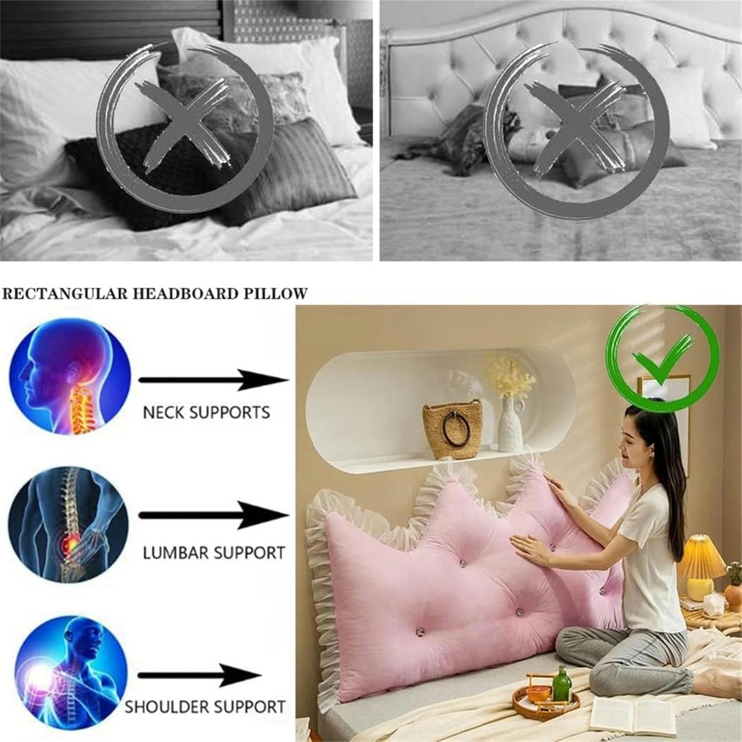 AMNOOL Reading Pillows Large Backrest Bed Back Cushion Wedge Lumbar Support Rest Pillow, Solid Color Headboard Pillow Bed Backrest Bolster for Dorm Room Daybed Full Size-1-