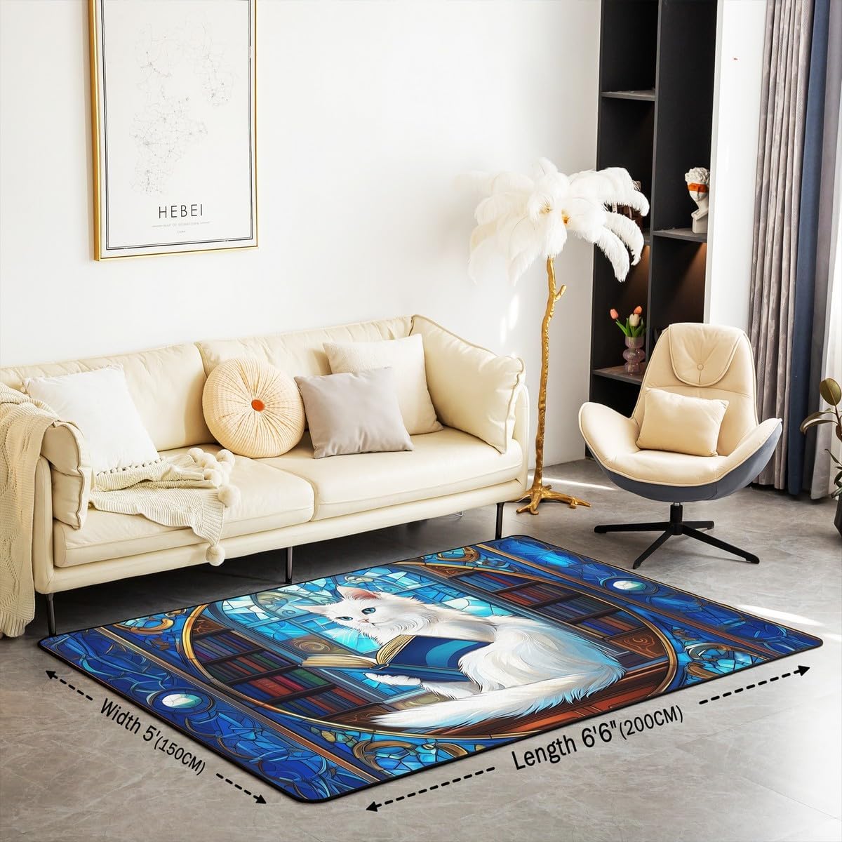 Noble Ragdoll Cat Kids Area Rug,Cat Reading Book Bookshelf Indoor Floor Mat Entrance Rug for Boys Girls,Geometric Patchwork Abstract Non Slip Rug,Blue Cute Couch Living Room Decor,3'x5'