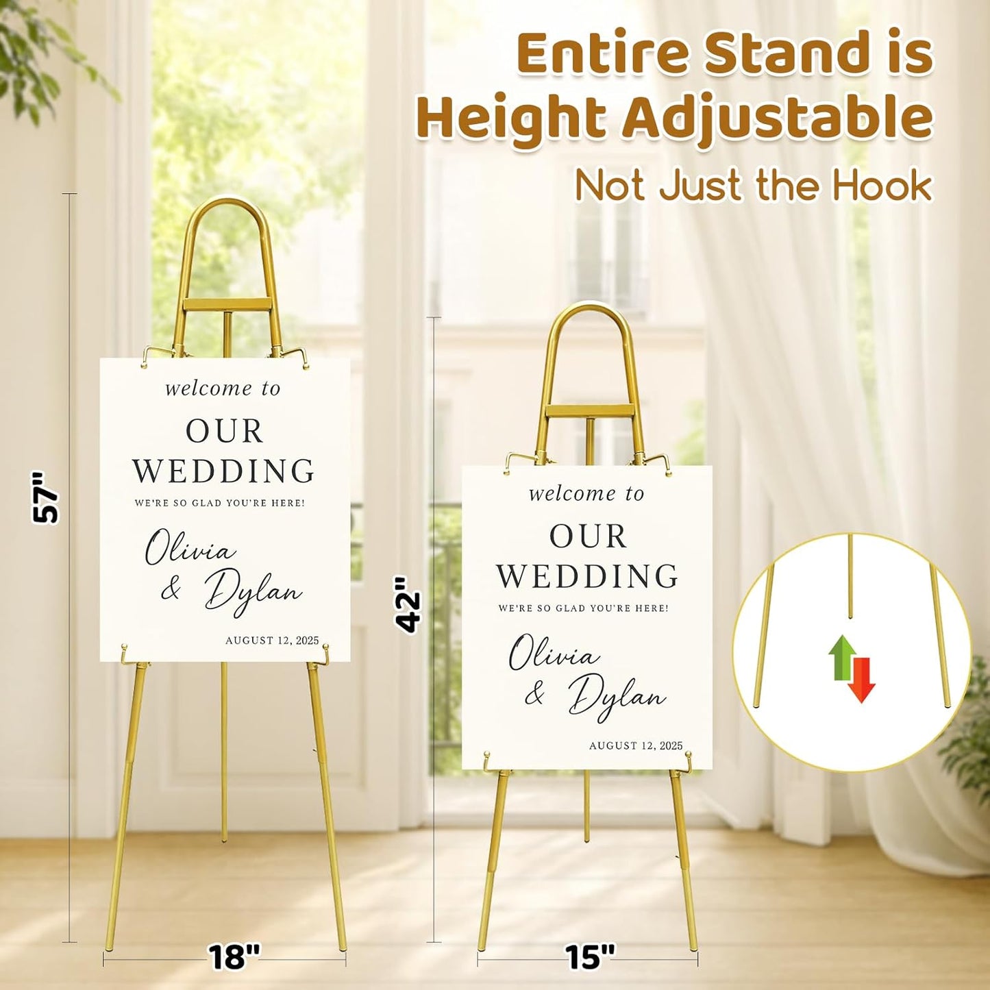 57"–42" Height Adjustable Gold Easel Stand for Signs, 4 Display Modes, Stable at Any Position with 4 Hooks – Perfect Welcome Sign Stand, Heavy Duty Easel Stand for Wedding Sign,Parties, Art & Events