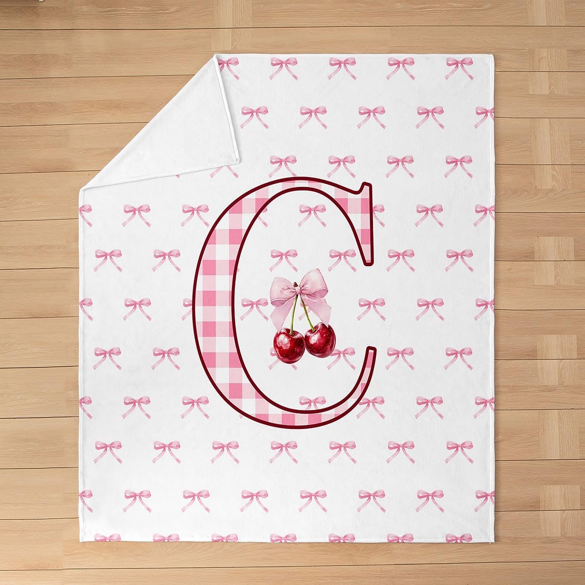 Erosebridal Cartoon Bowknot Flannel Blanket 40x50 Initial C Letter Fuzzy Plush Throw for Sofa Couch Princess Coquette Decor Fleece Blanket Buffalo Plaid Cherry Monogrammed Pattern