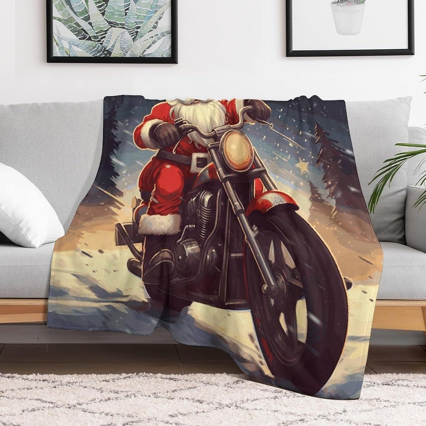 Santa Claus Biker Riding Blanket Super Soft Lightweight Throw Blanket Cute Cozy Warm Bed Blanket Decorative Fuzzy Blanket All-Season Home Decor Gift for Sofa Couch Living Room 30"*40"（76 * 100cm）