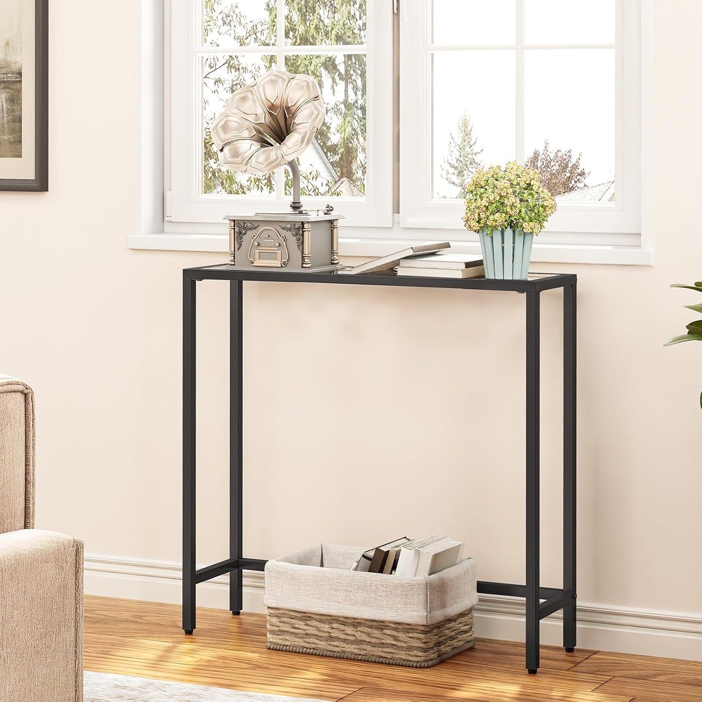 HOOBRO 29.5" Narrow Console Table, Tempered Glass Entryway Table, Modern Sofa Table Behind Couch, Small Side Table for Entrance, Living Room, Foyer, Hallway, Bedroom, Black BK07XG01