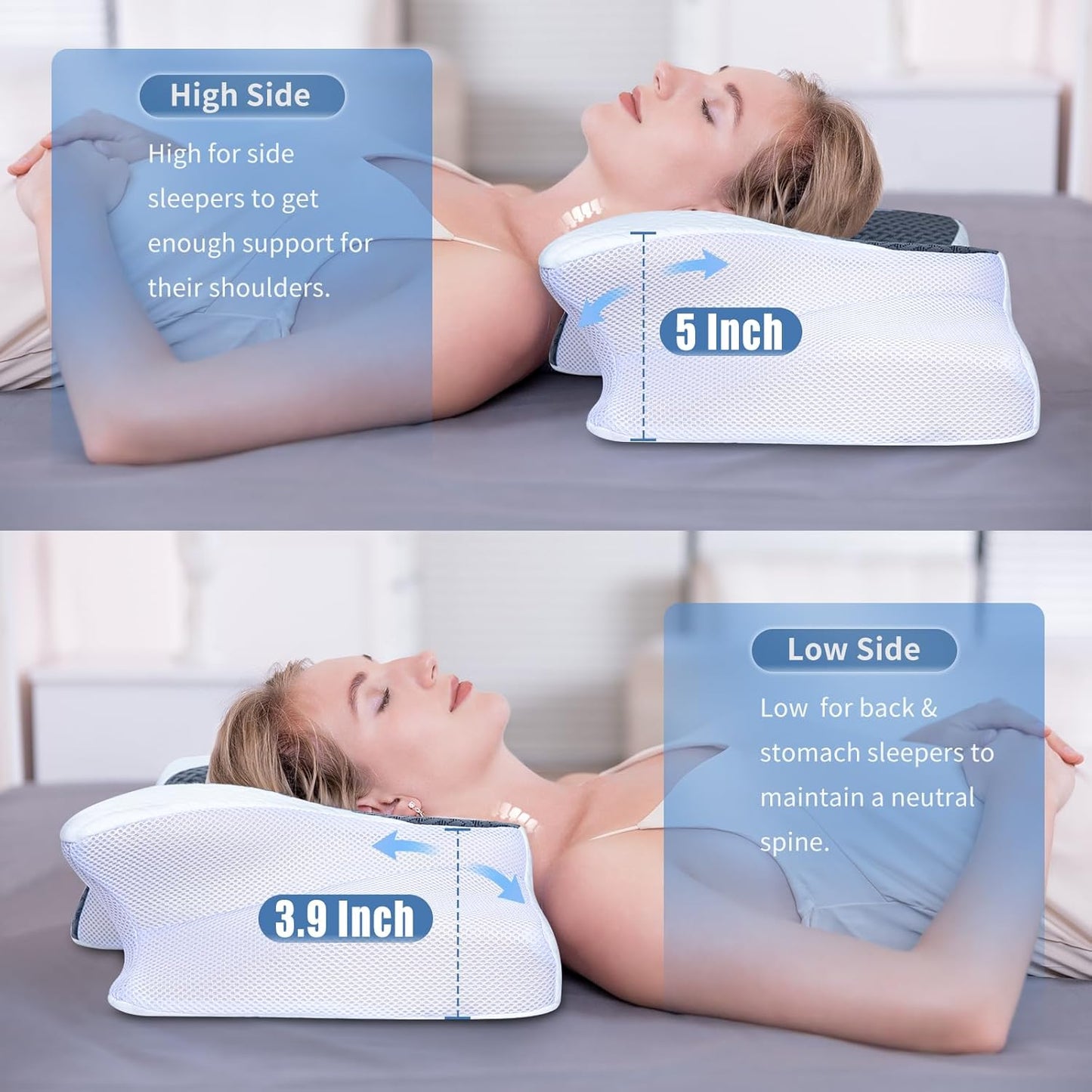 SAHEYER Memory Foam Cervical Pillow, 2 in 1 Ergonomic Orthopedic Neck Pillow for Neck and Shoulder Pain Relief, Side Sleeper Pillow for Side Back Stomach (Grey)