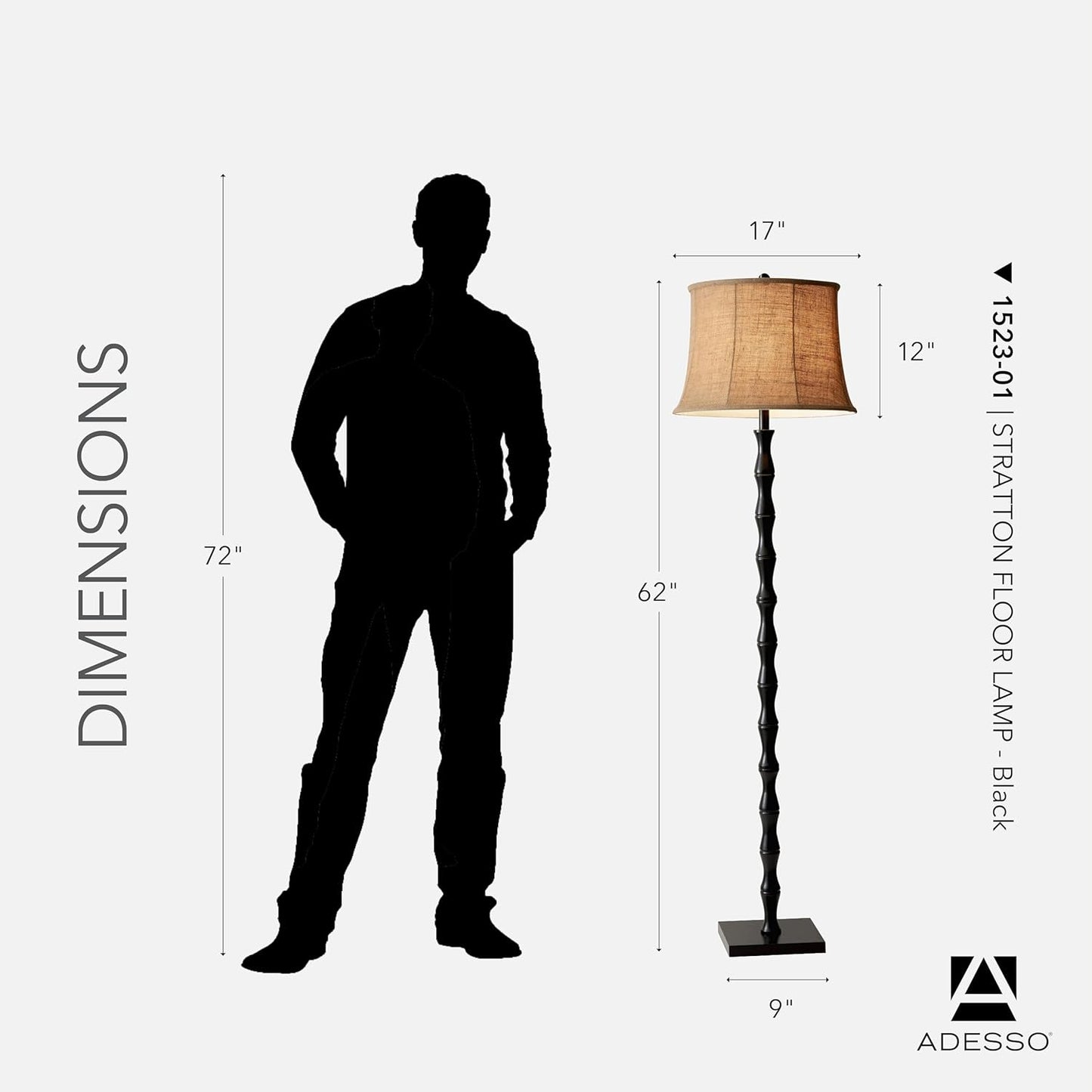 Adesso Black Floor Lamp with Brown Fabric Shade – 3-Way Adjustable Brightness Accent Lighting for Bedroom, Living Room or Home Office, 62” Tall