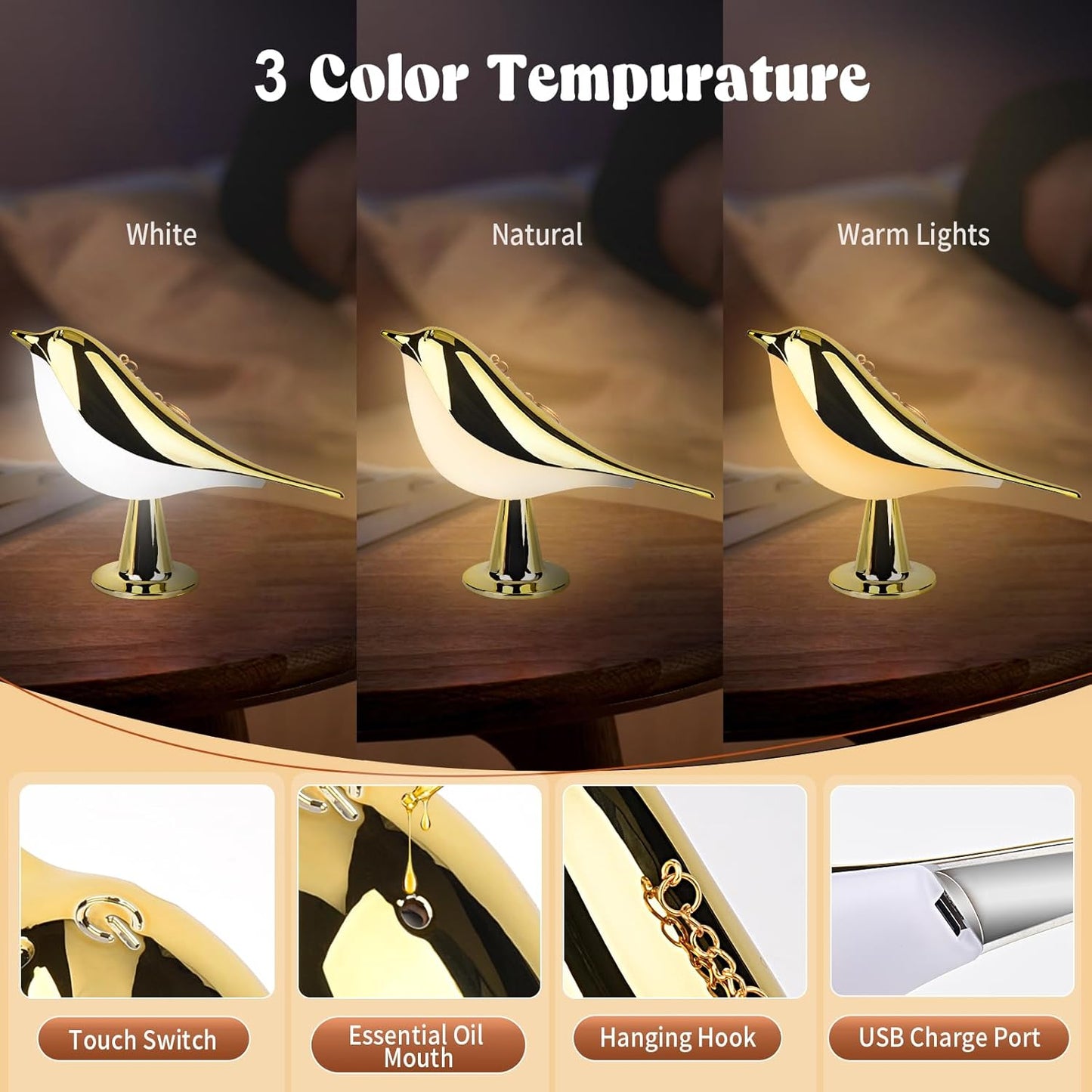 YOTOZU Small Bird Desk Lamp,3 Color Temperatures LED Night Light,Rechargeable Table Lamps Cordless Portable Lighting Bedside Lamp with Aroma Diffuser Function for Bedroom Decor Perfect Gifts(Gold)