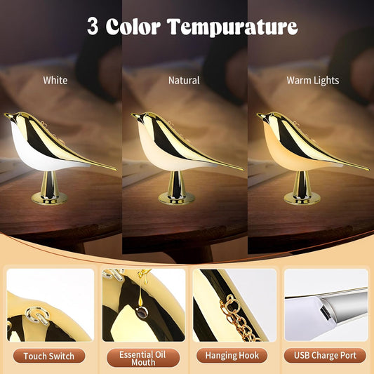 YOTOZU Small Bird Desk Lamp,3 Color Temperatures LED Night Light,Rechargeable Table Lamps Cordless Portable Lighting Bedside Lamp with Aroma Diffuser Function for Bedroom Decor Perfect Gifts(Gold)