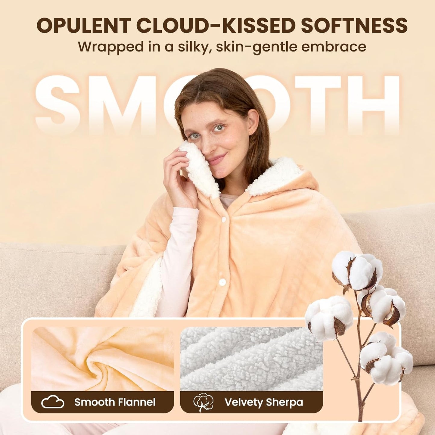 DAILYLIFE Wearable Heated Blanket, 40"x70" Eletric Throw with 6 Heating Levels and 12 Hours Timer, Heated Wrap Poncho Shawl & Hoodies with Pockets, Machine Washable with ETL Certification, Beige