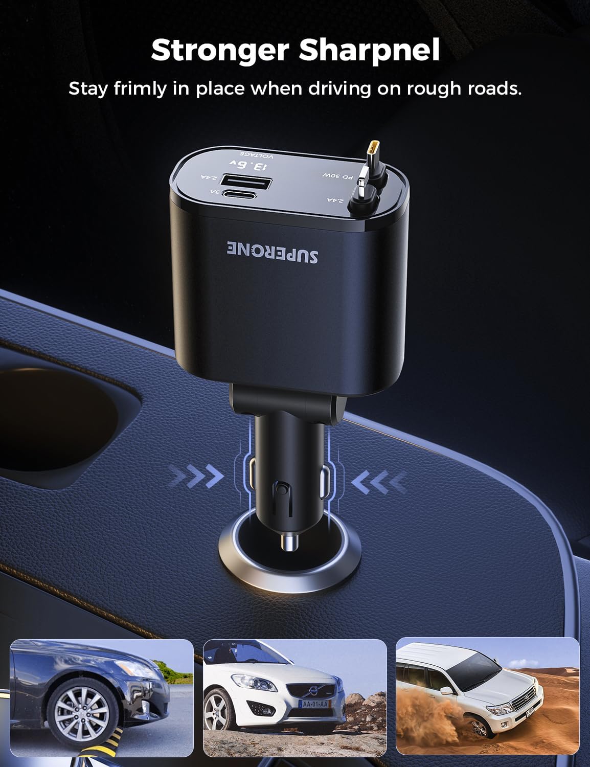 [Upgraded] SUPERONE Retractable Car Charger 4 in 1, Fast Car Phone Charger with Cord 2.6ft, USB C and Apple Car Adapter, Compatible with iPhone 17 16 15/15 Pro Max/14/13/12/11, Galaxy, Pixel