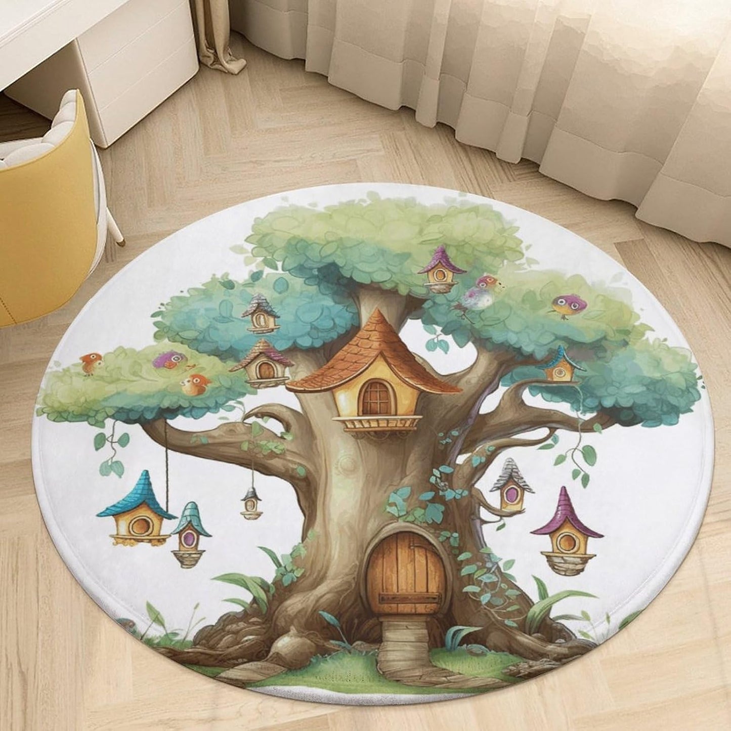 Cute Fairy Tree Circle Rug Retro Luxury Coral Velvet Floor Mat Non Slip Soft Indoor Floor Carpet Comfy Thickened Area Rugs Modern Aesthetic Minimalist Carpets for Home Decor