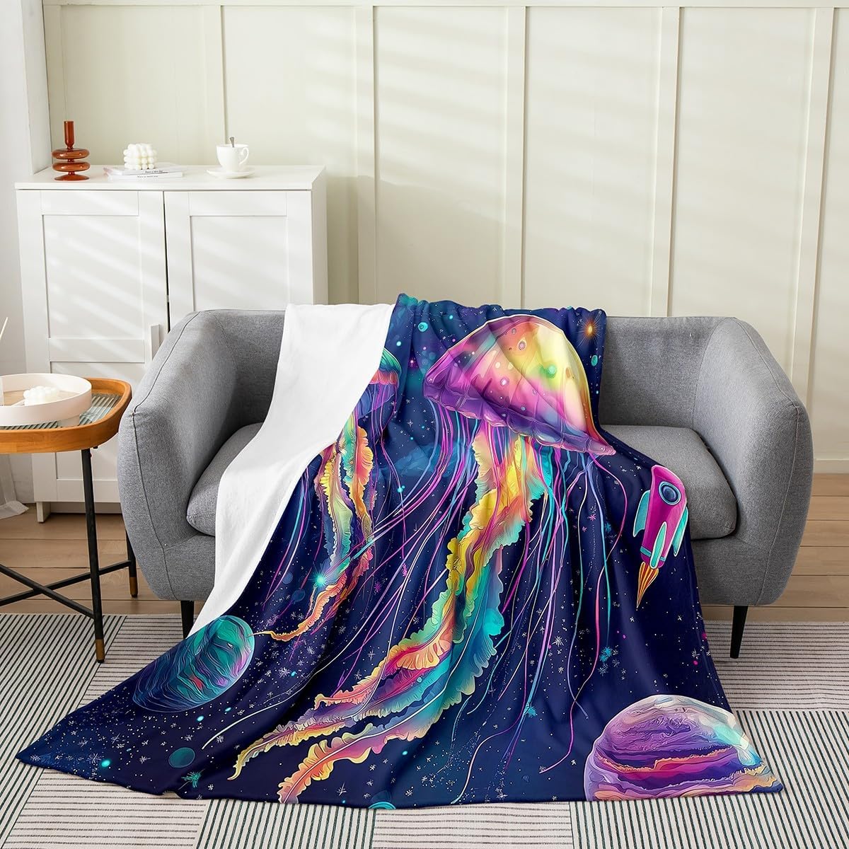 Erosebridal Jellyfish Throw Blanket Throw 50x60 Cute Cartoon Jellyfish Blanket Blue Galaxy Starry Sky Print Fleece Blanket for Boys Girls Kids Sea Animal Fuzzy Blanket Ocean Themed Bed Blanket