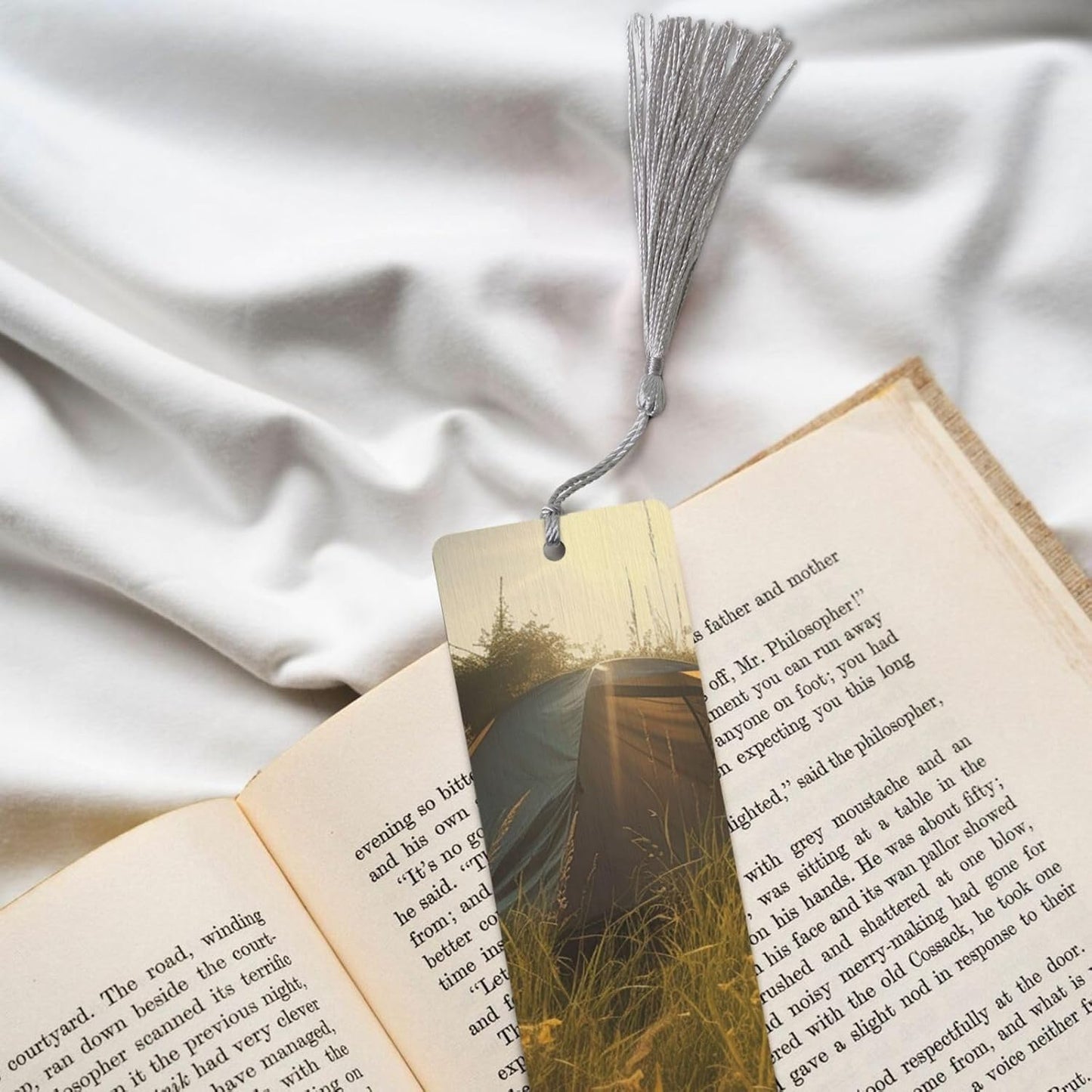 Tent in The Sun Bookmarks Gifts for Women Men, Wooden Bookmarks for Book Lovers, Vintage Book Marks Ornaments with Tassel, Unique Personalized Reading Page Markers Gray