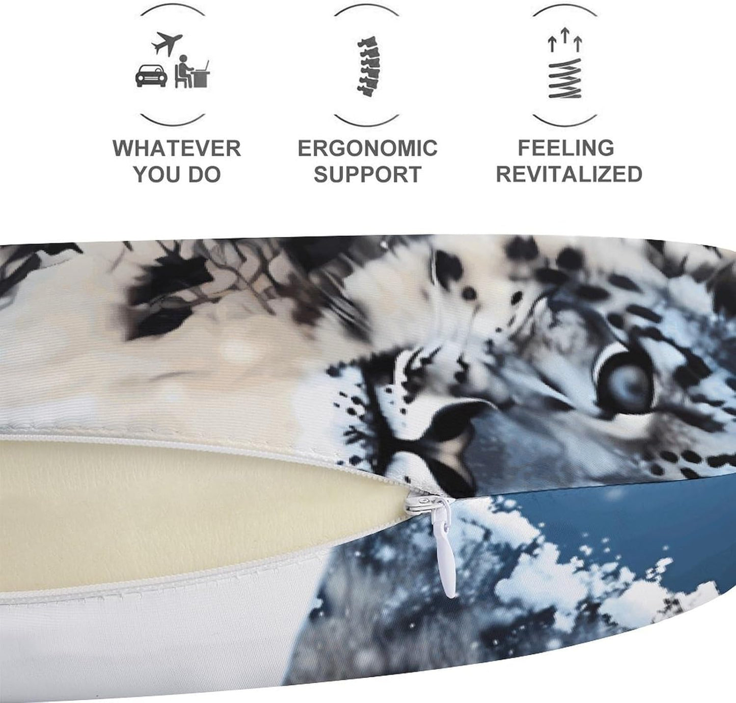Blue Eyed Snow Leopard Neck Pillow Memory Foam U Shaped Pillows Portable Pillows for Shoulder Travel Head Support Pillow with Concealed Zipper for Airplane Car Home Office