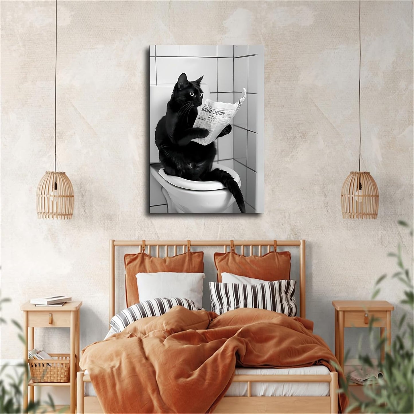 Black Cat Reading Newspaper Animal Funny Toilet Canvas Wall Prints poster Modern Home Aesthetic Decor Wall art for Bedroom Dorm (20x30inch Framed)