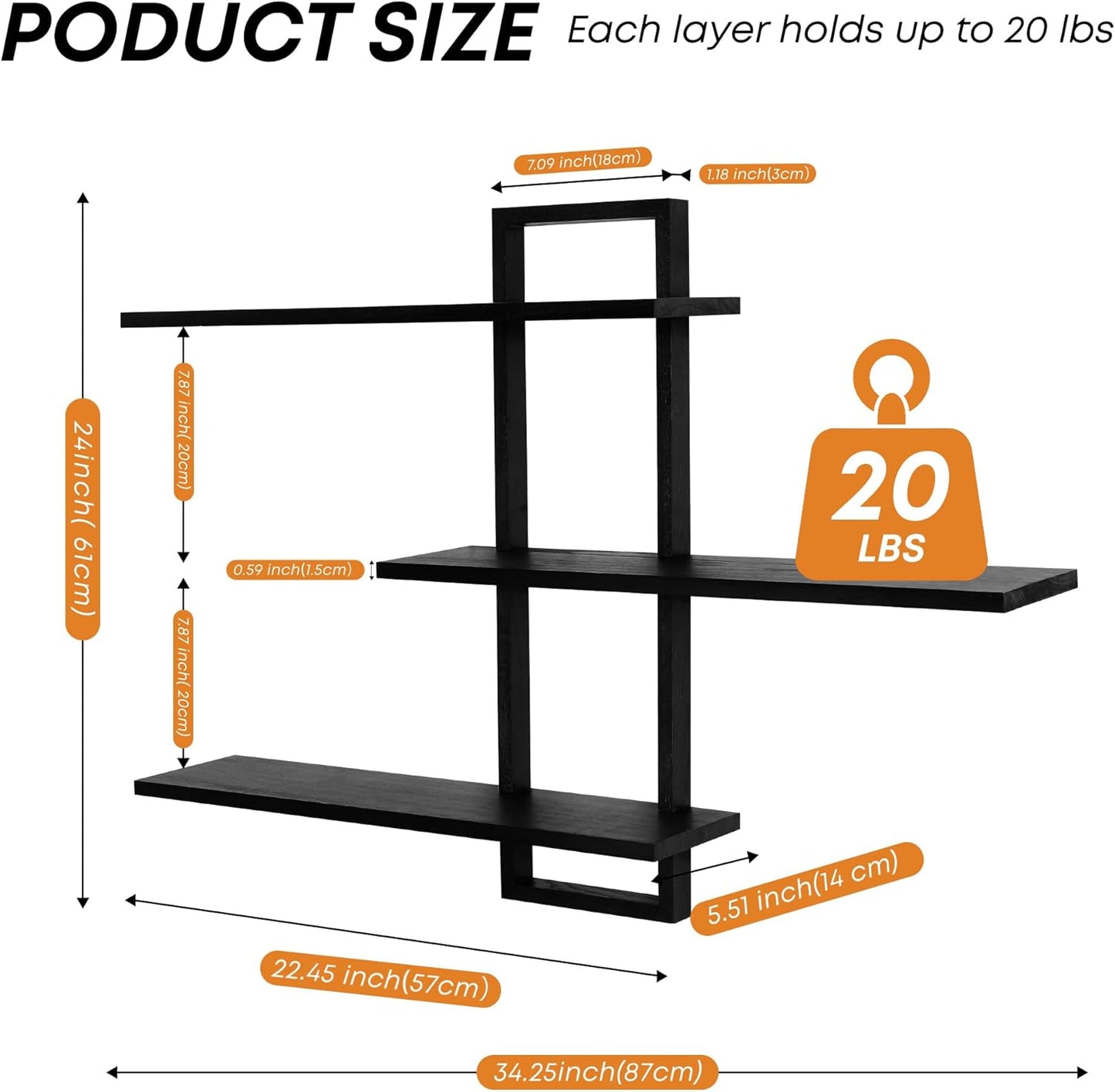 PHOENANCEE 3 Tier Wall Shelves,Decorative Floating Shelf for Wall,Plants Photo Shelf Storage Display Shelving Wood for Living Room Bedroom Kitchen Home Office Decor,Modern,Large,22 Inch(Black)